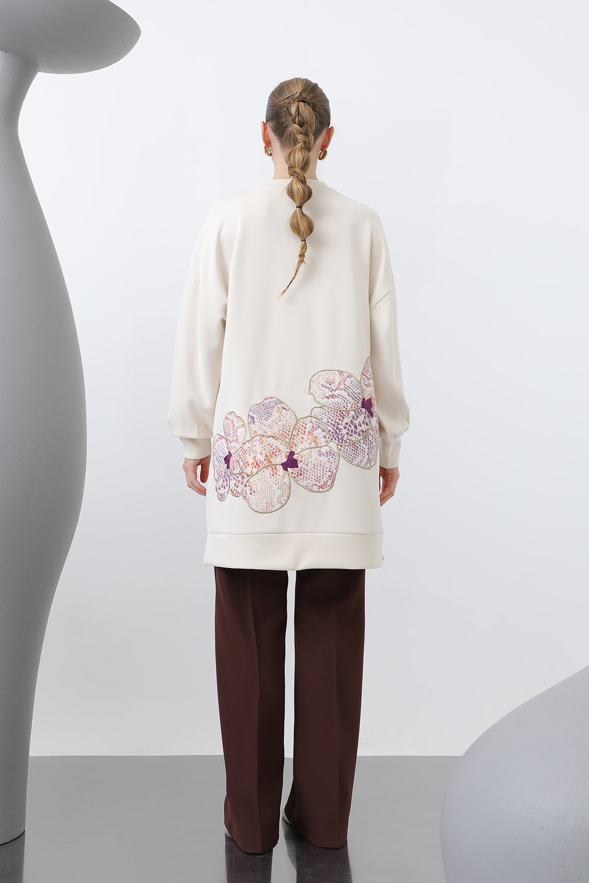 Kadın Önü Ve Arkası Nakış Detaylı Garnili Tunik - 10641TNK SAND BEIGE-ORANGE