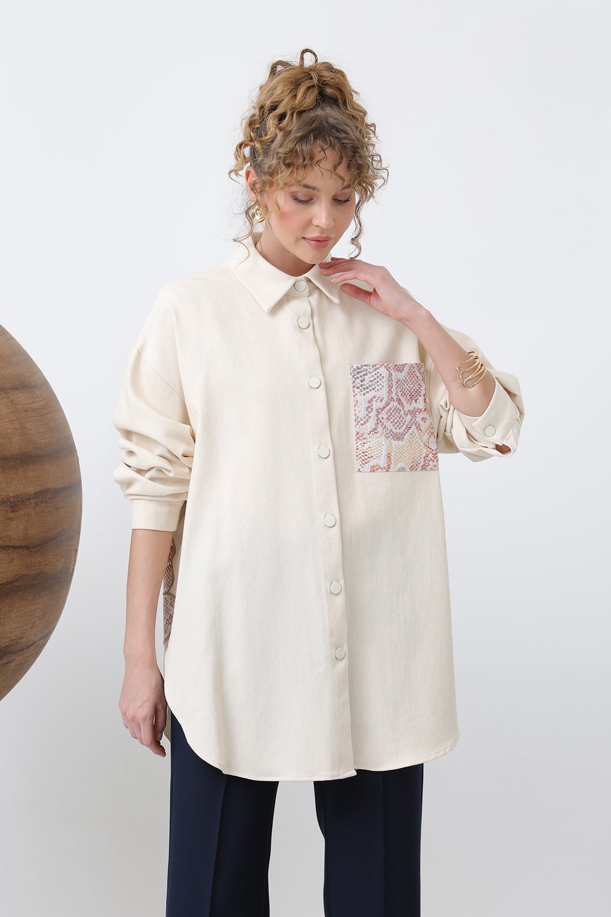 Kadın Önü Garni Cep Detaylı Arkası Nakışlı Tunik - 10642GML BEIGE-ORANGE