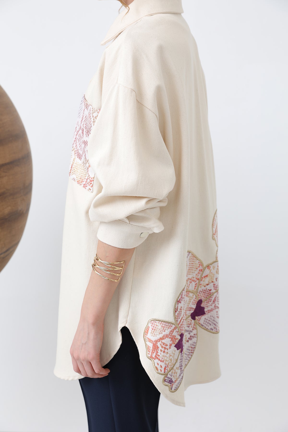Kadın Önü Garni Cep Detaylı Arkası Nakışlı Tunik - 10642GML BEIGE-ORANGE