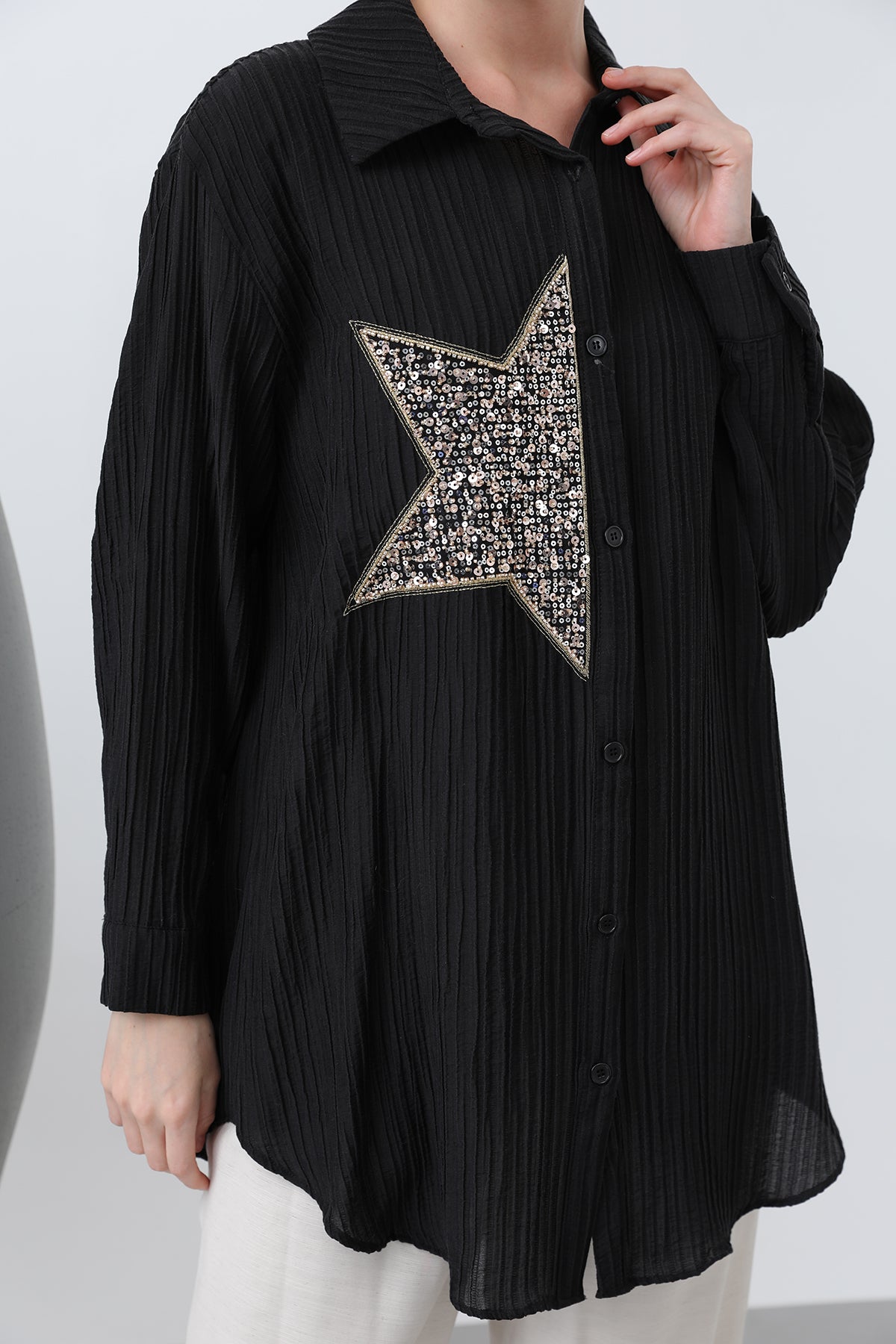 Kadın Önü Yıldız Nakışlı Gömlek Tunik - 10646GML BLACK