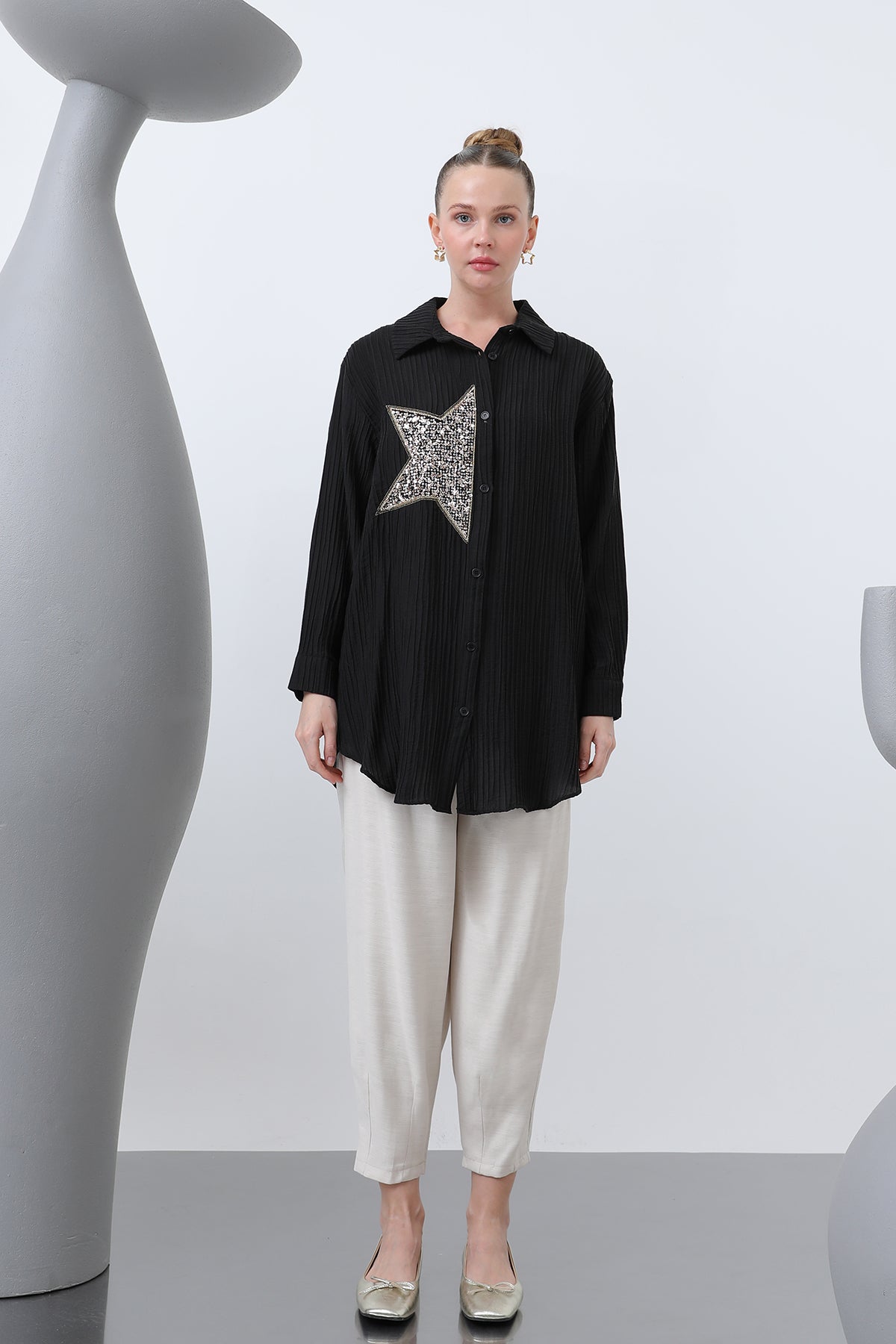 Kadın Önü Yıldız Nakışlı Gömlek Tunik - 10646GML BLACK