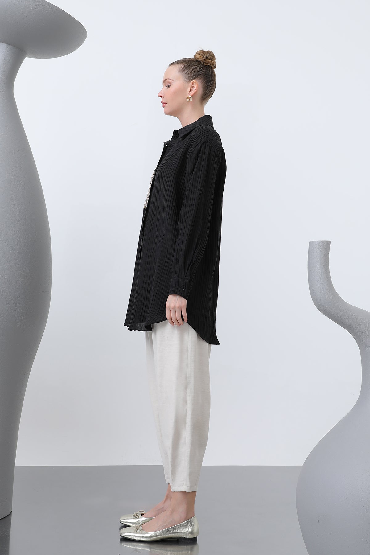Kadın Önü Yıldız Nakışlı Gömlek Tunik - 10646GML BLACK