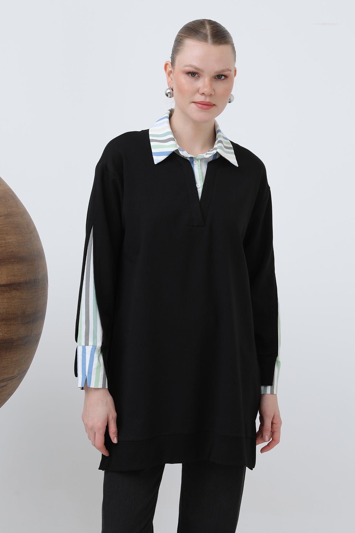 Kadın Çizgi Garnili Tunik - 10650TUN BLACK-BLUE
