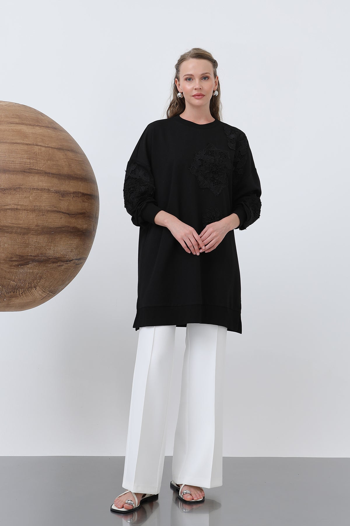 Kadın Önü Çiçek Motifli Dantelli Tunik - 10652TUN BLACK