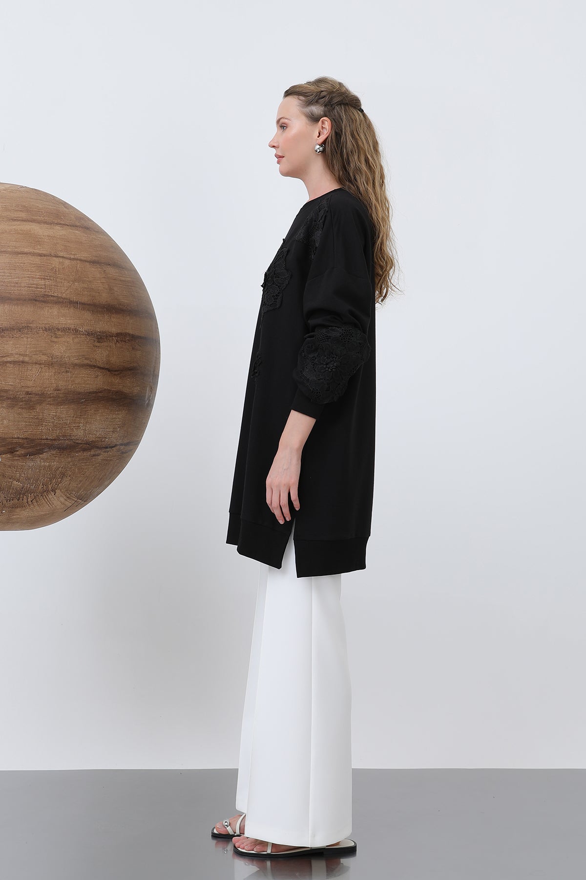 Kadın Önü Çiçek Motifli Dantelli Tunik - 10652TUN BLACK