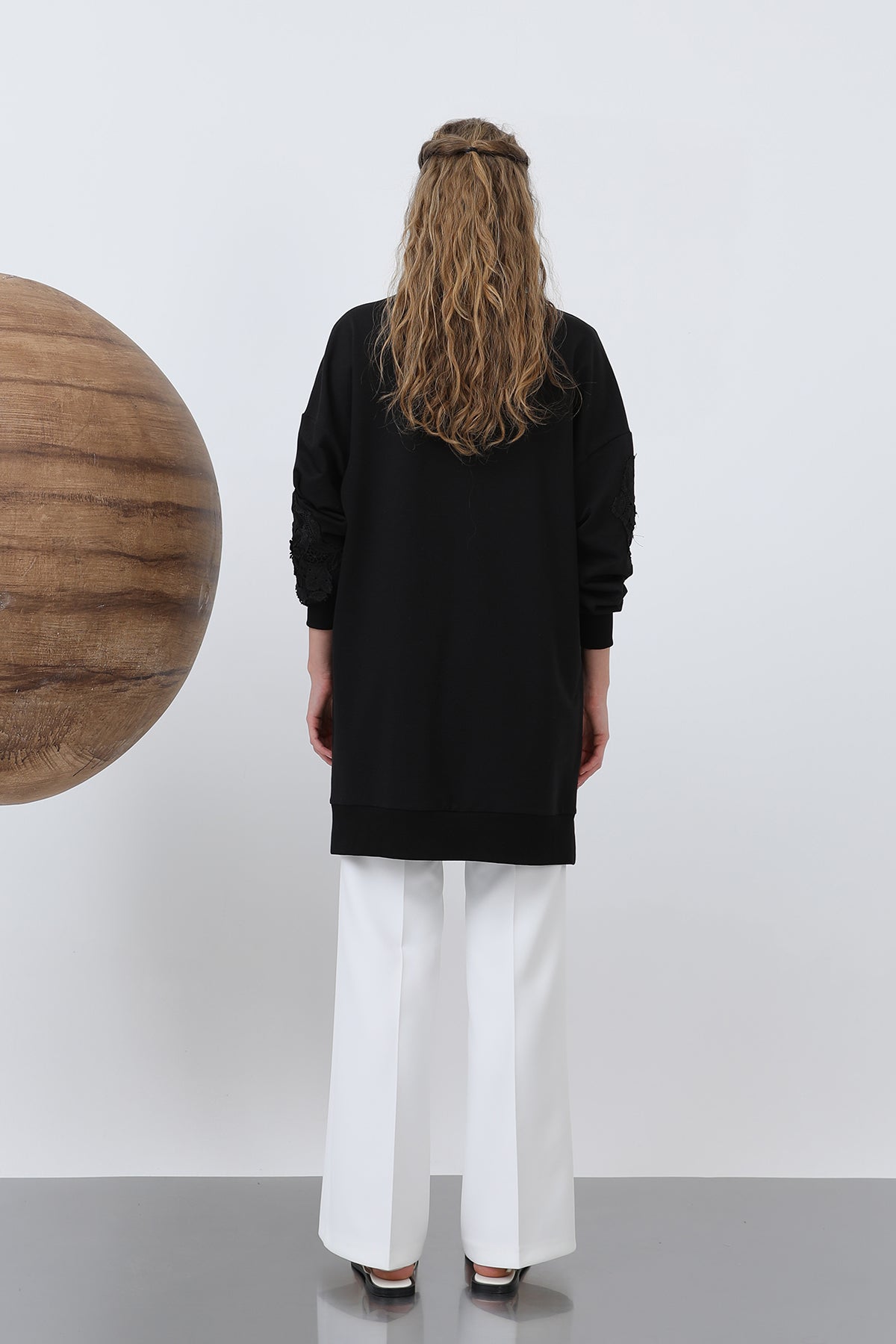 Kadın Önü Çiçek Motifli Dantelli Tunik - 10652TUN BLACK
