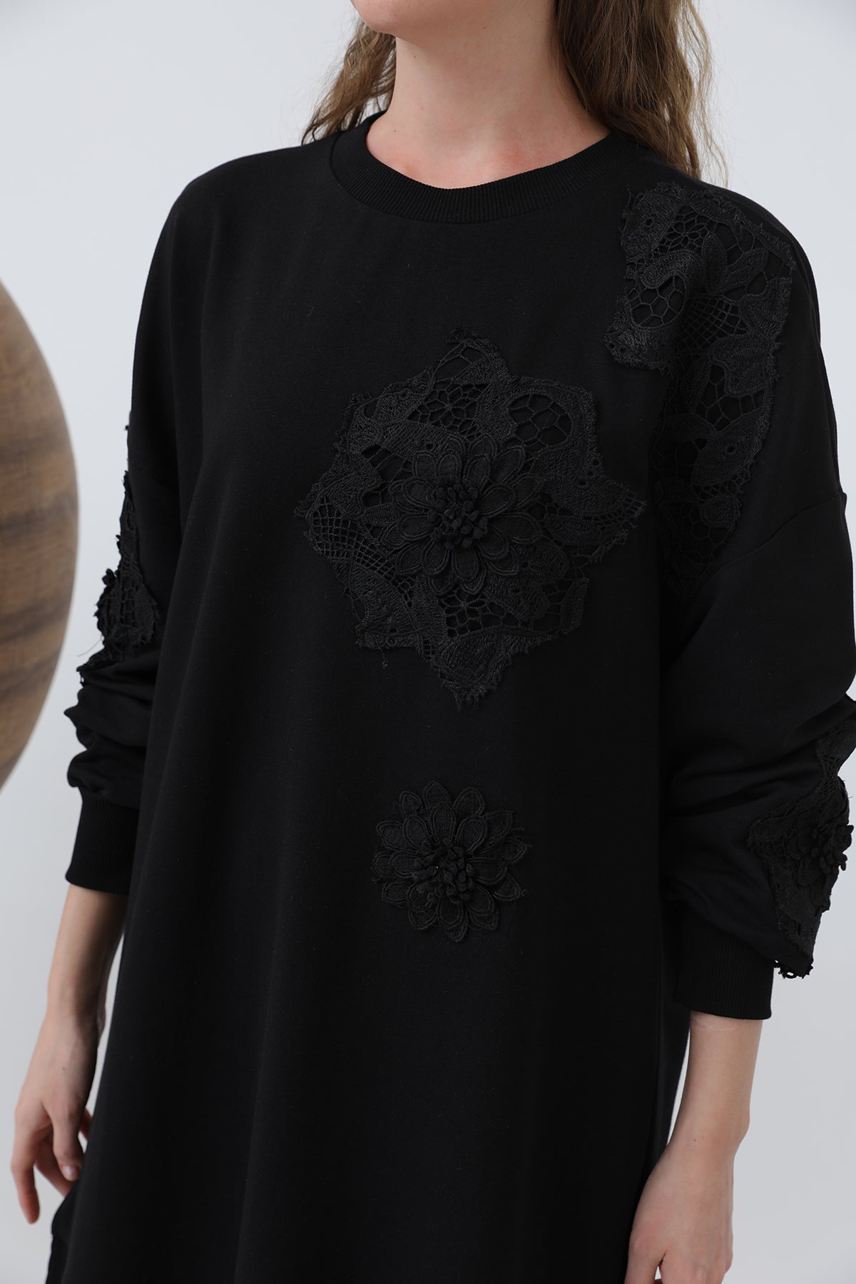 Kadın Önü Çiçek Motifli Dantelli Tunik - 10652TUN BLACK