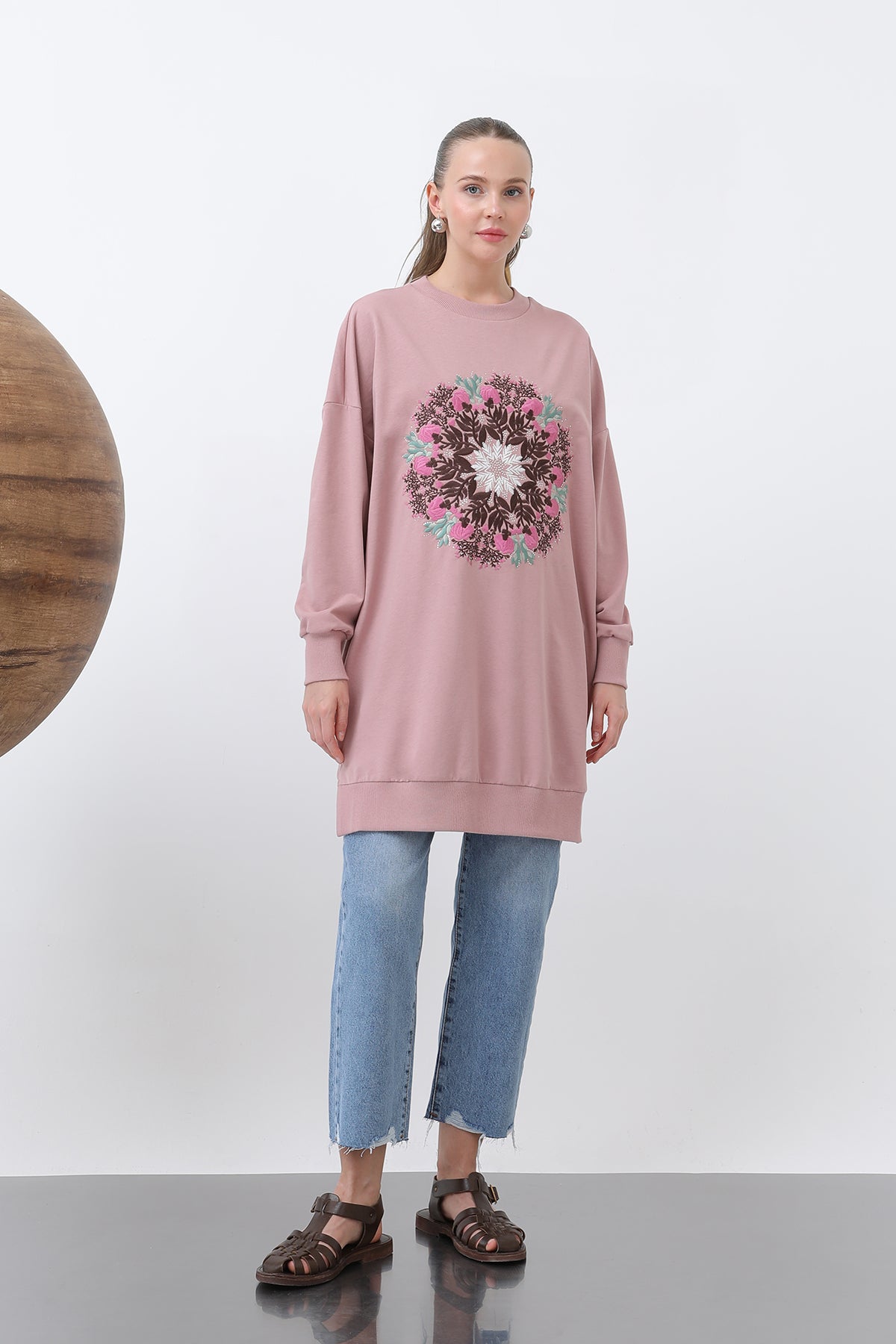 Kadın Önü Yuvarlak Çiçek Nakışlı Tunik - 10668TUN ROSE