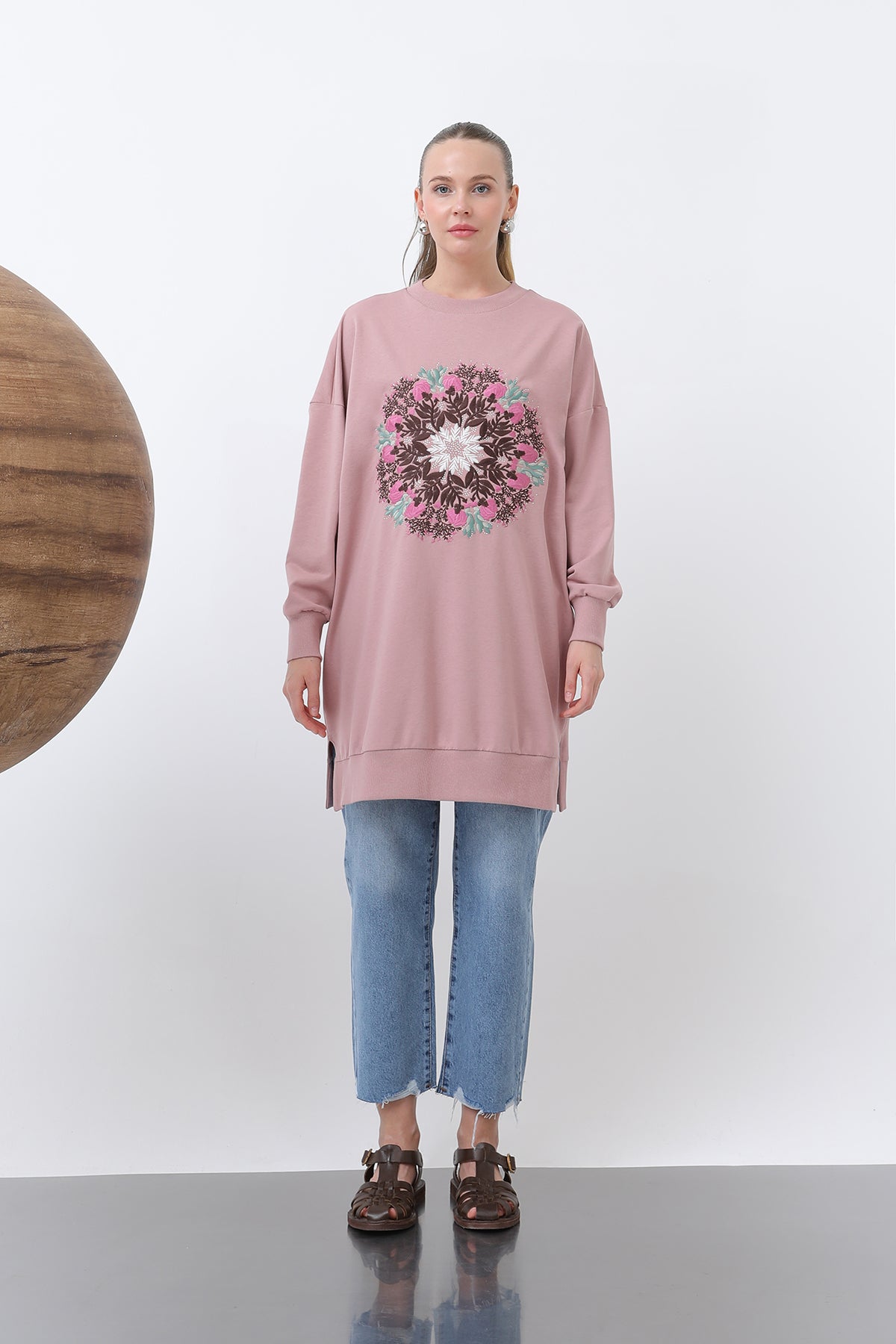 Kadın Önü Yuvarlak Çiçek Nakışlı Tunik - 10668TUN ROSE