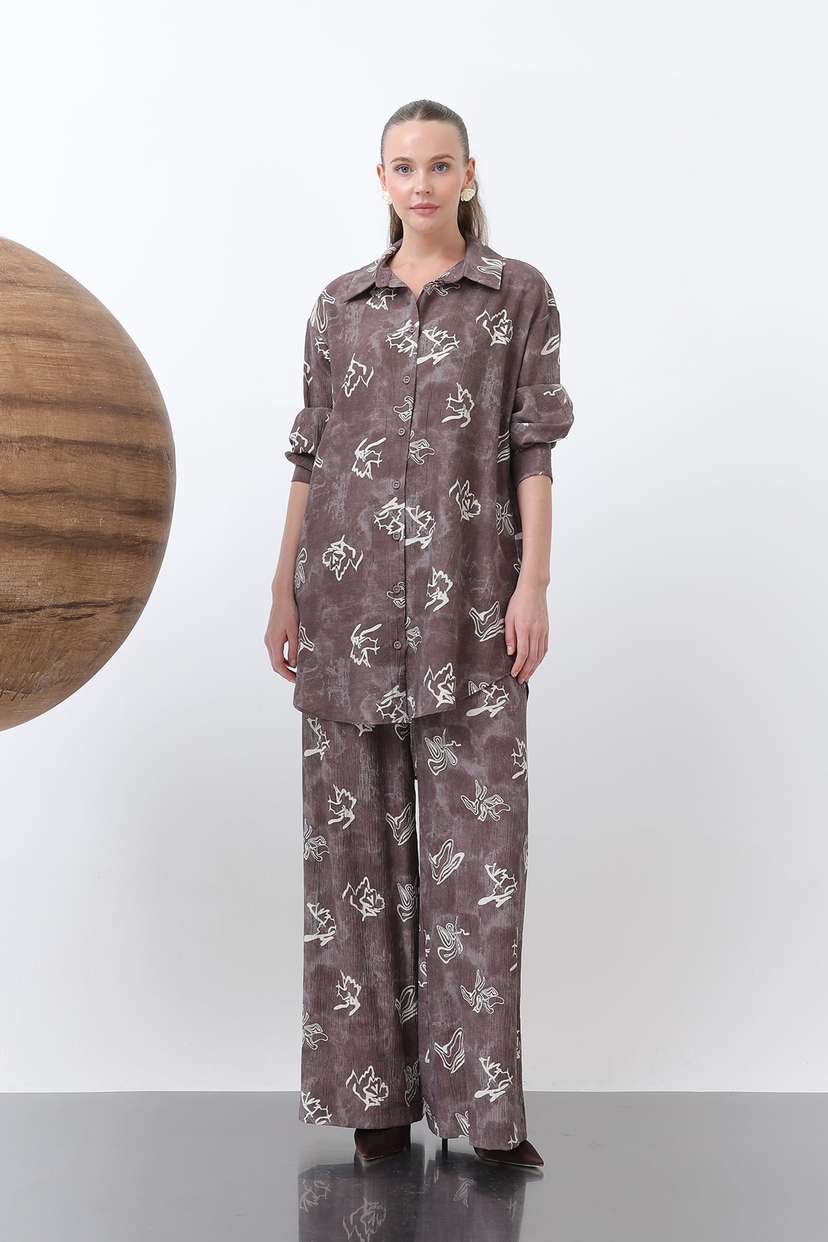 Kadın Desenli Düğme Detaylı Gömlek Tunik -10670GML BEIGE