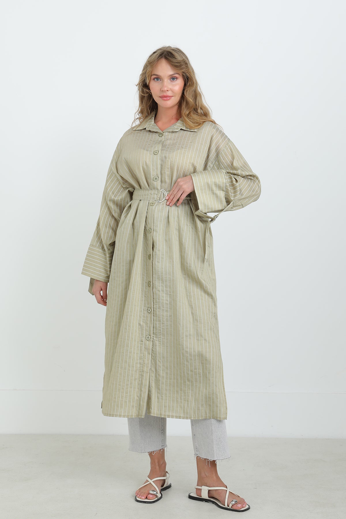 Kadın Kuşaklı Çizgili Tunik Gömlek-10701TUN ALMOND GREEN