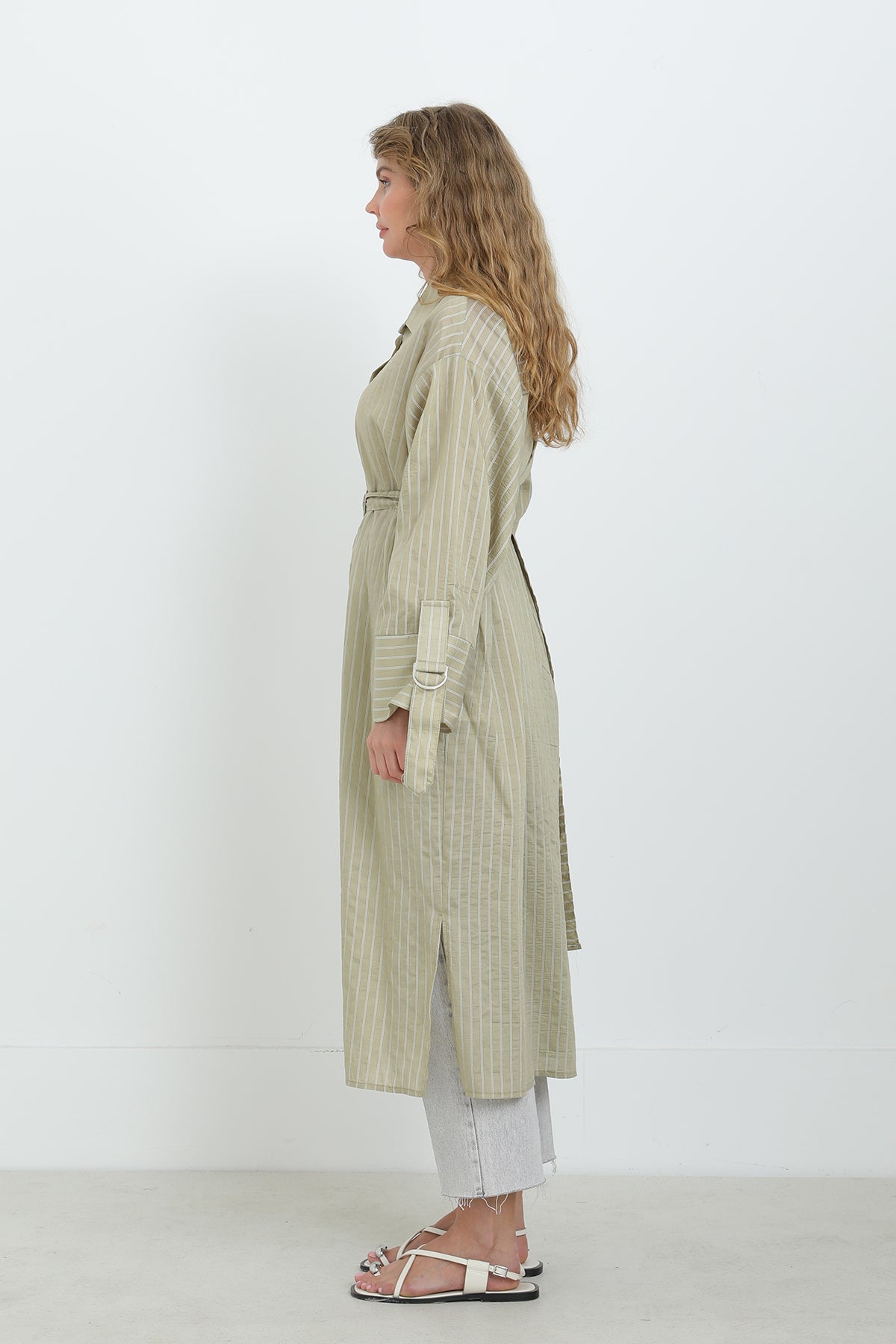 Kadın Kuşaklı Çizgili Tunik Gömlek-10701TUN ALMOND GREEN