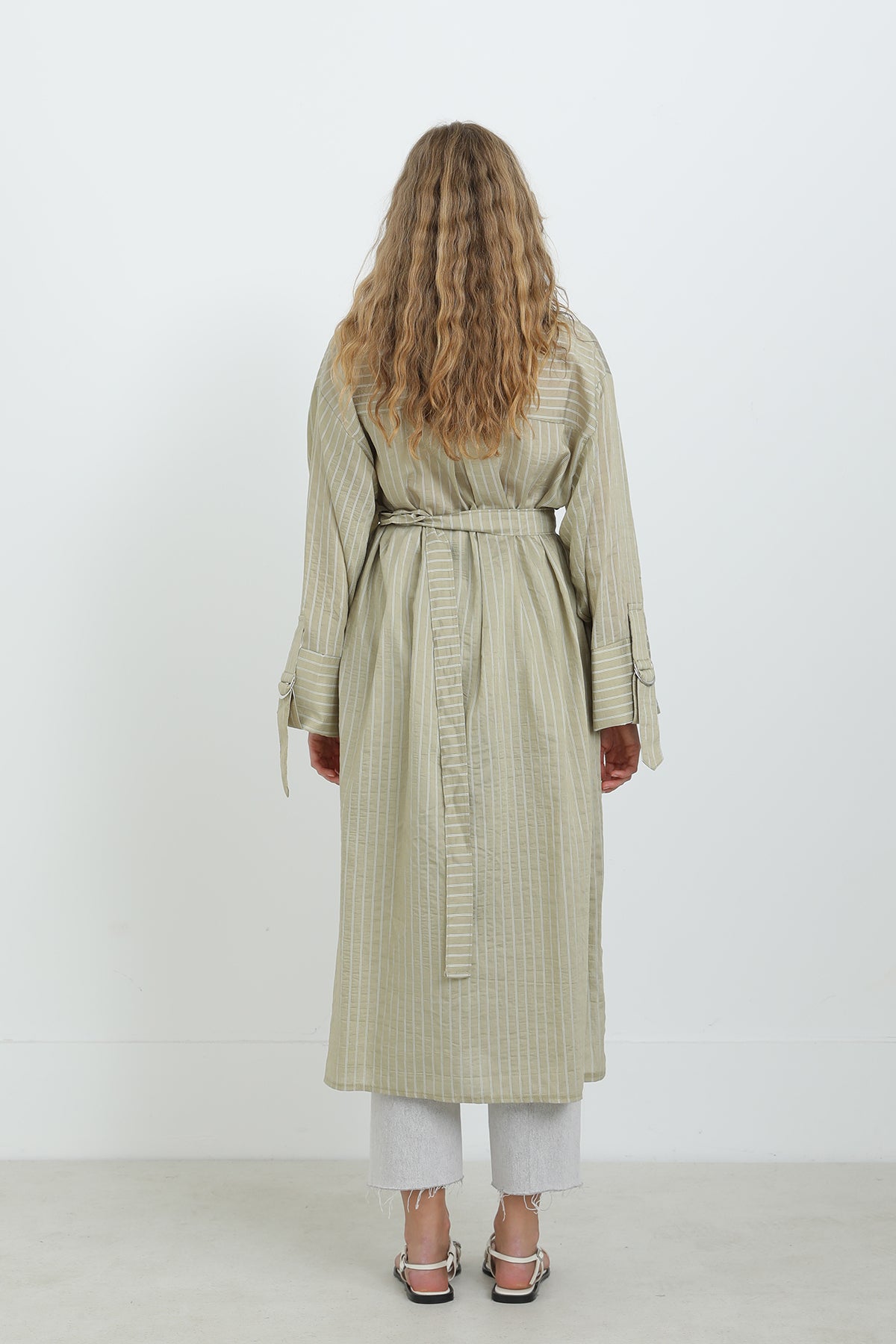 Kadın Kuşaklı Çizgili Tunik Gömlek-10701TUN ALMOND GREEN