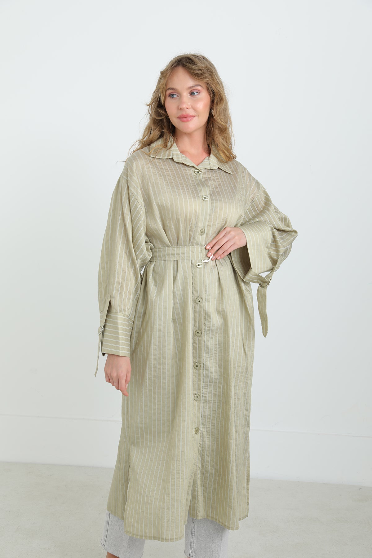 Kadın Kuşaklı Çizgili Tunik Gömlek-10701TUN ALMOND GREEN