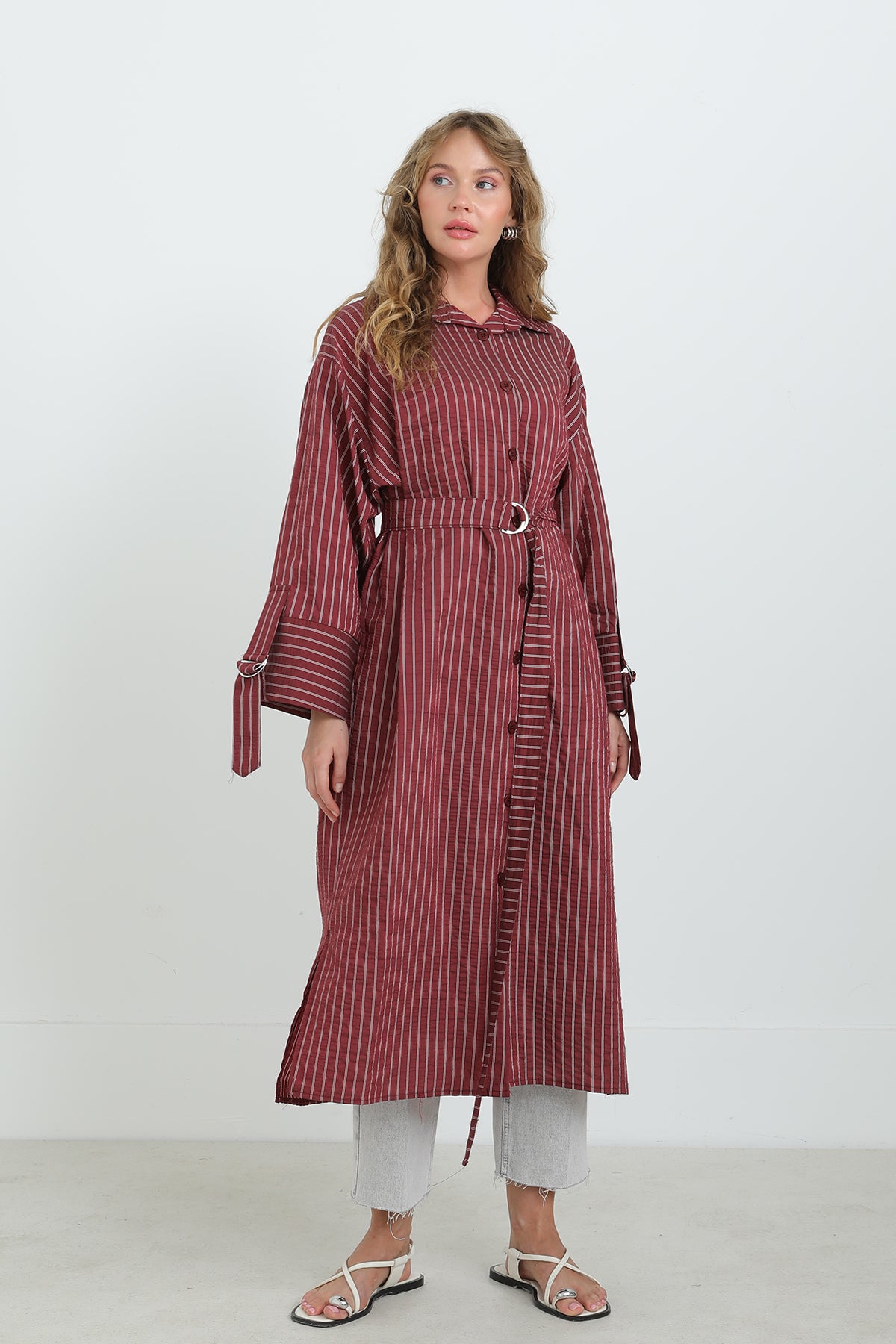 Kadın Kuşaklı Çizgili Tunik Gömlek-10701TUN BURGUNDY