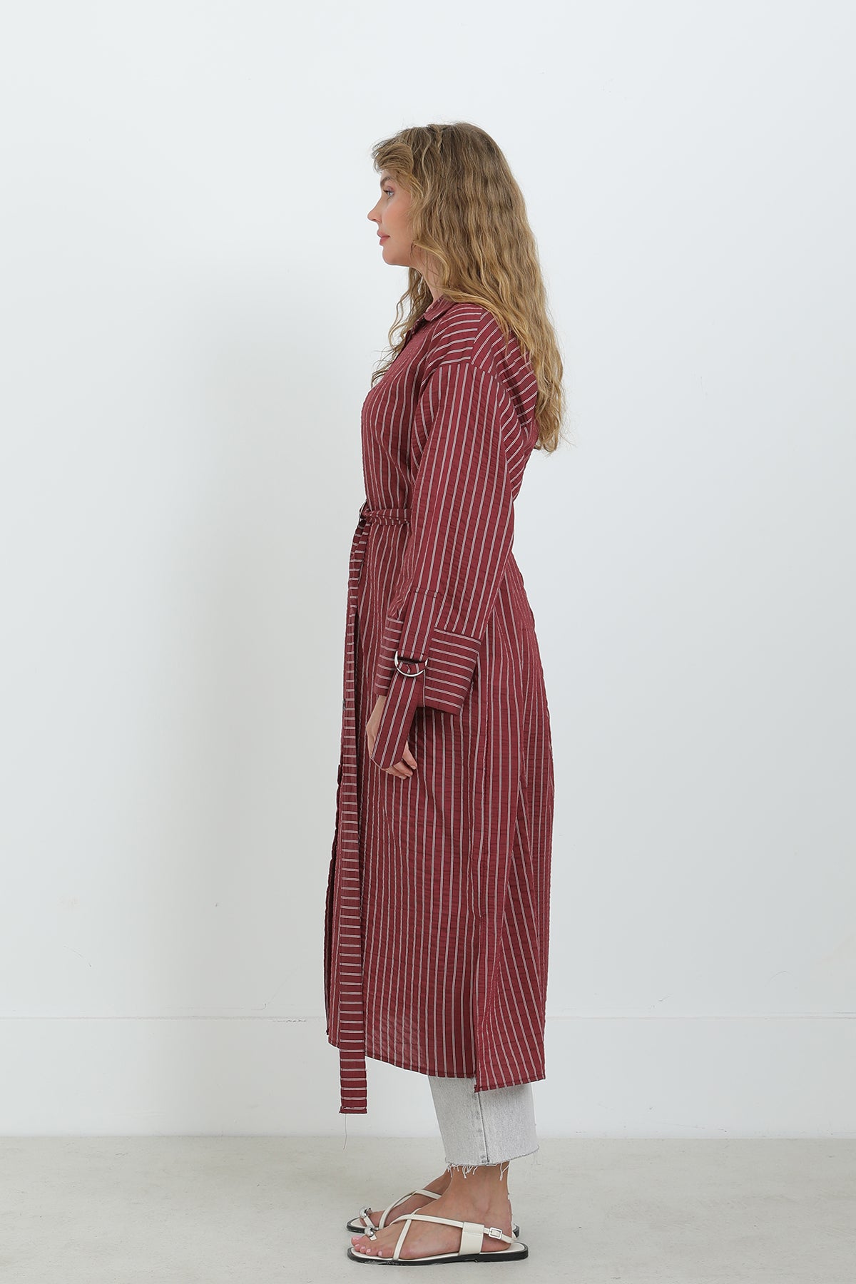 Kadın Kuşaklı Çizgili Tunik Gömlek-10701TUN BURGUNDY
