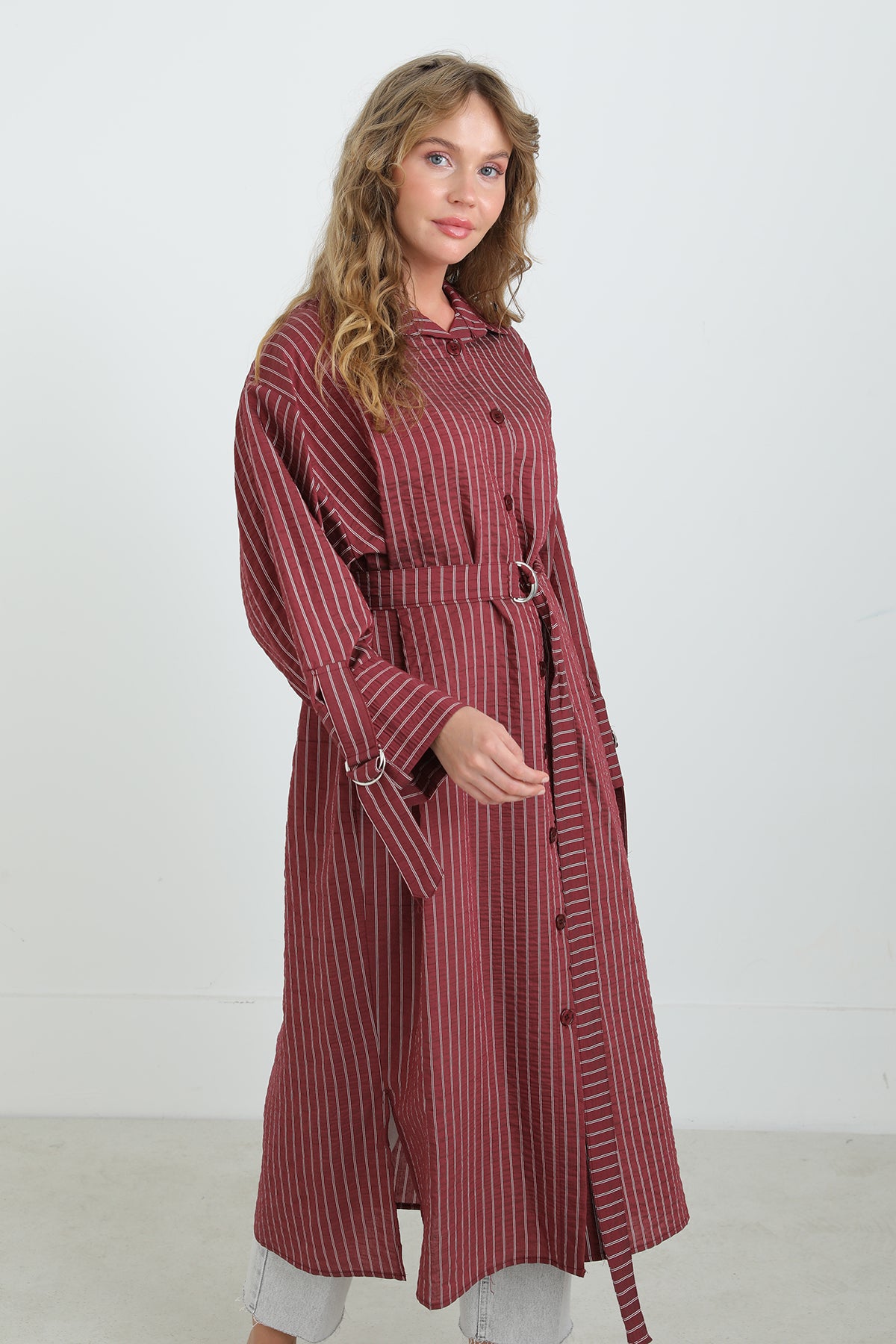 Kadın Kuşaklı Çizgili Tunik Gömlek-10701TUN BURGUNDY