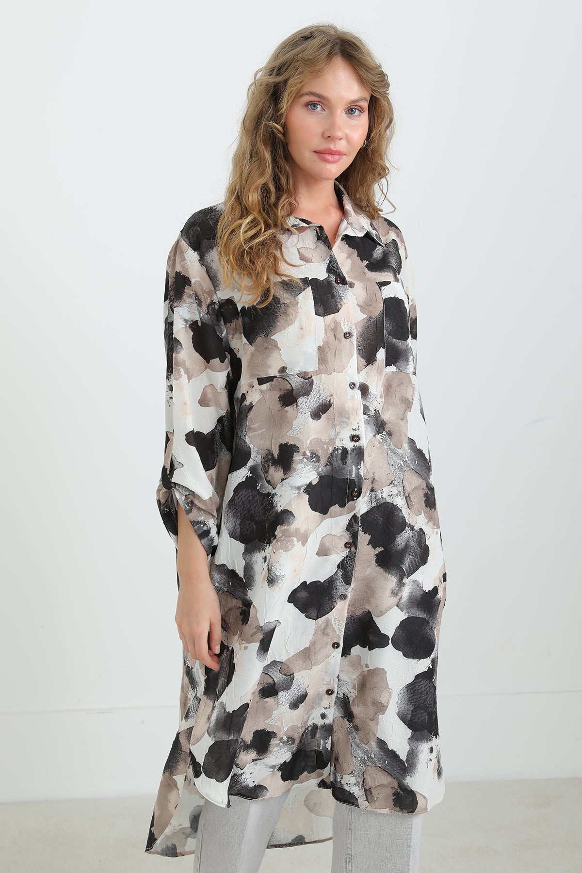 Kadın Desenli Oversize Gömlek -10702TUN BLACK
