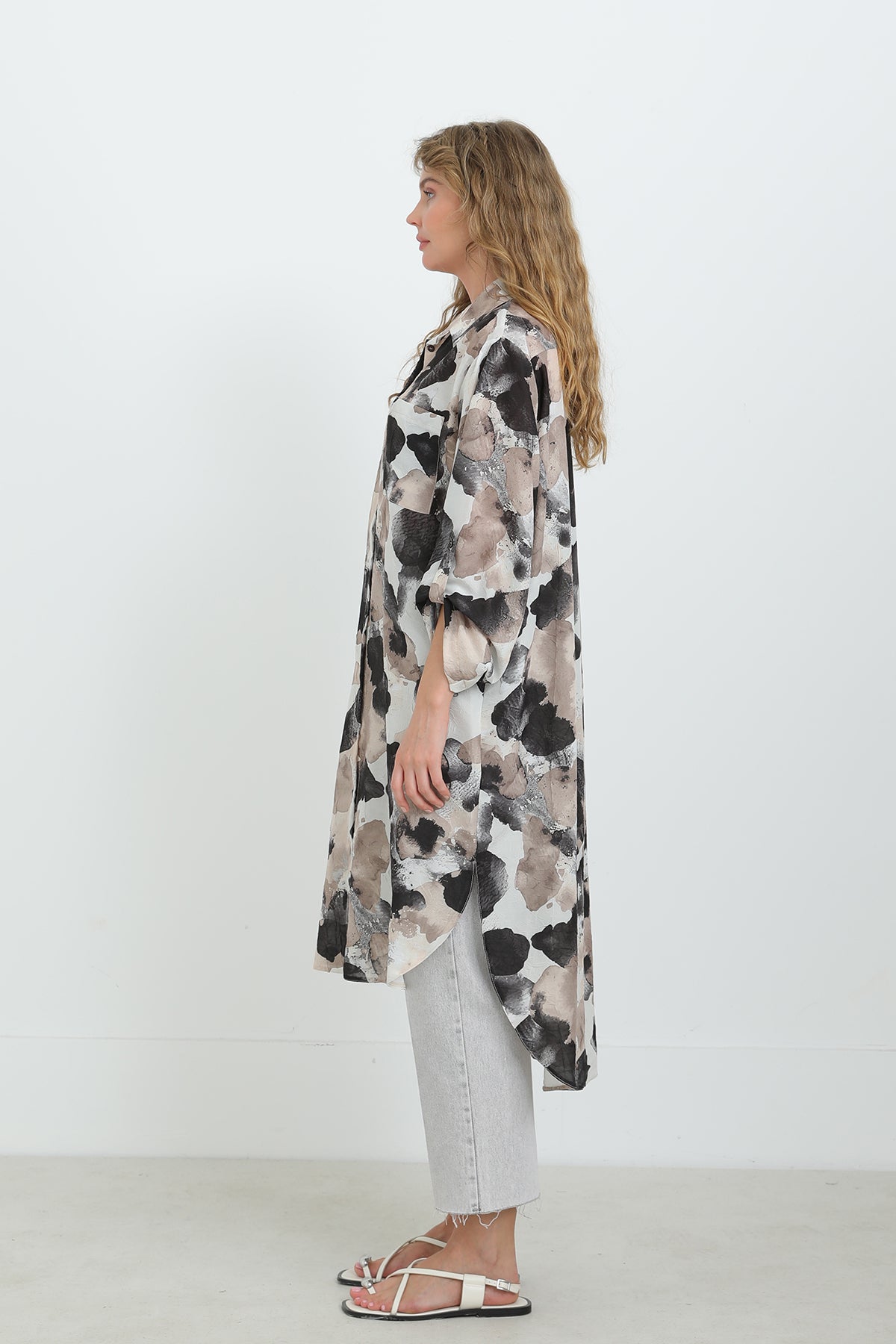 Kadın Desenli Oversize Gömlek -10702TUN BLACK