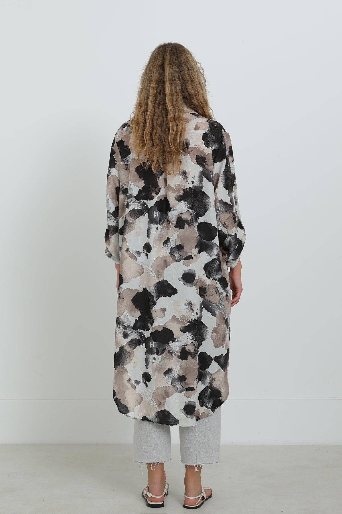 Kadın Desenli Oversize Gömlek -10702TUN BLACK