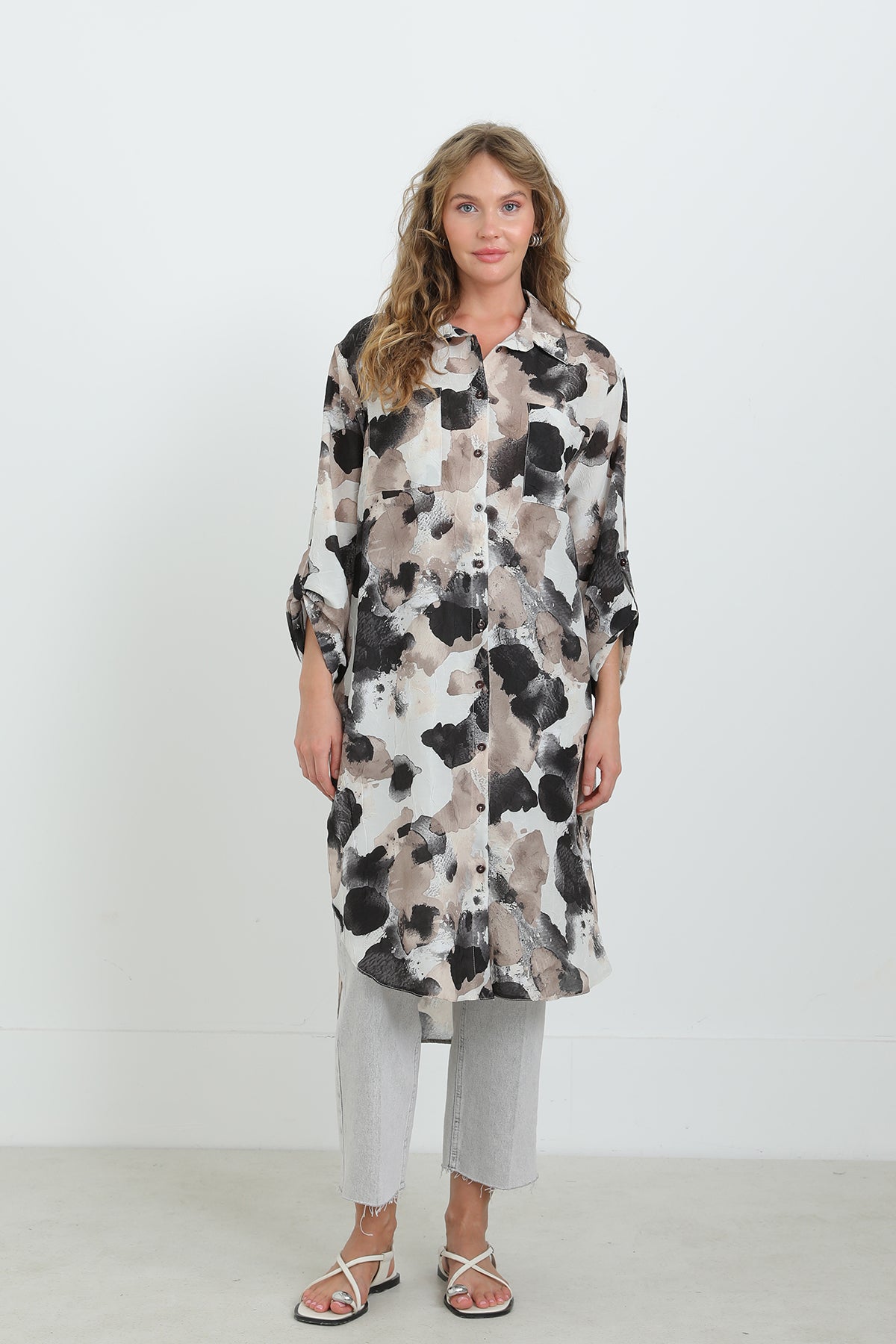 Kadın Desenli Oversize Gömlek -10702TUN BLACK