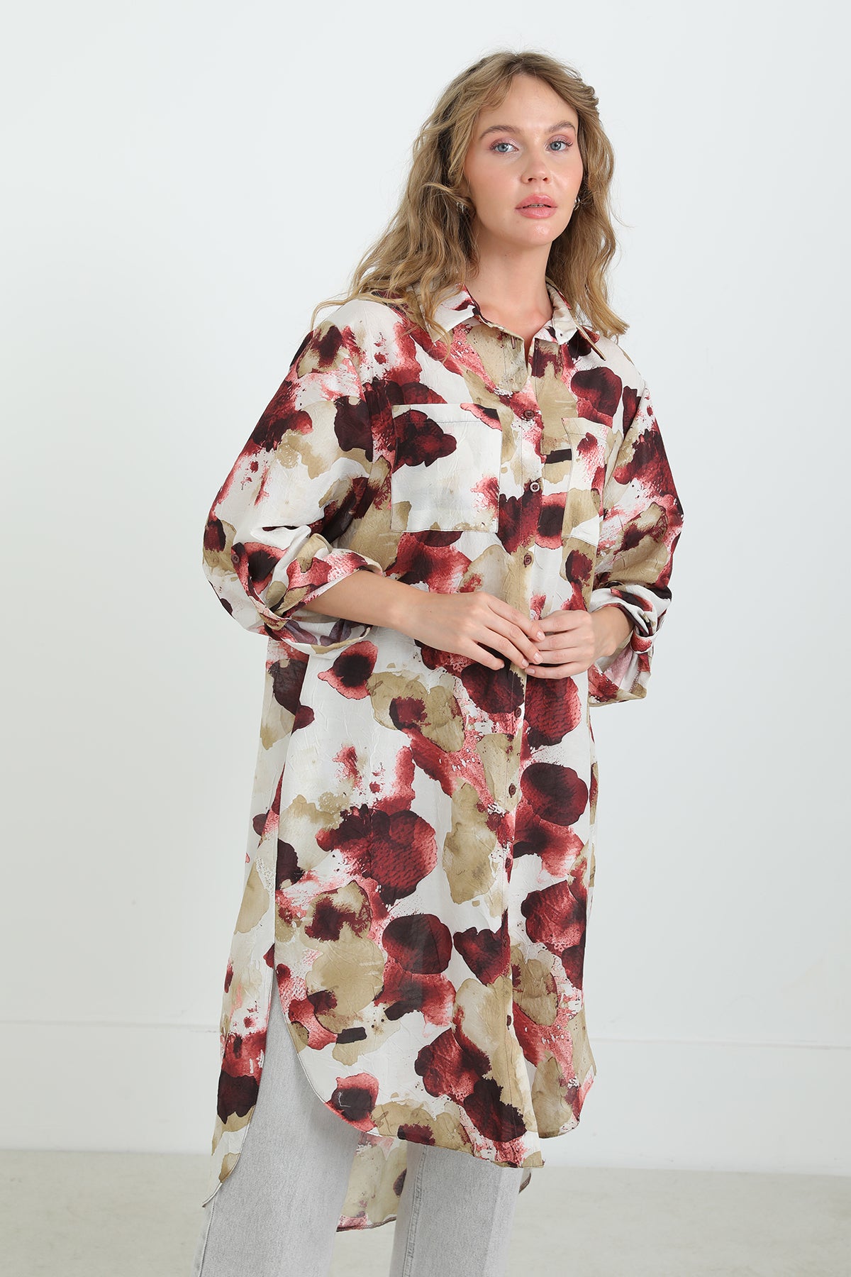 Kadın Desenli Oversize Gömlek -10702TUN BURGUNDY