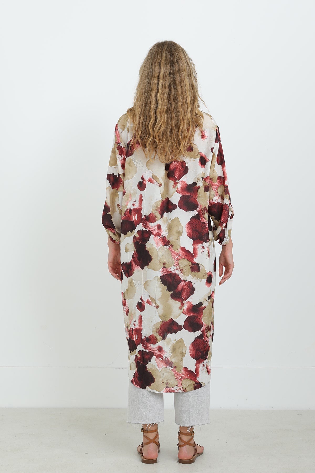 Kadın Desenli Oversize Gömlek -10702TUN BURGUNDY