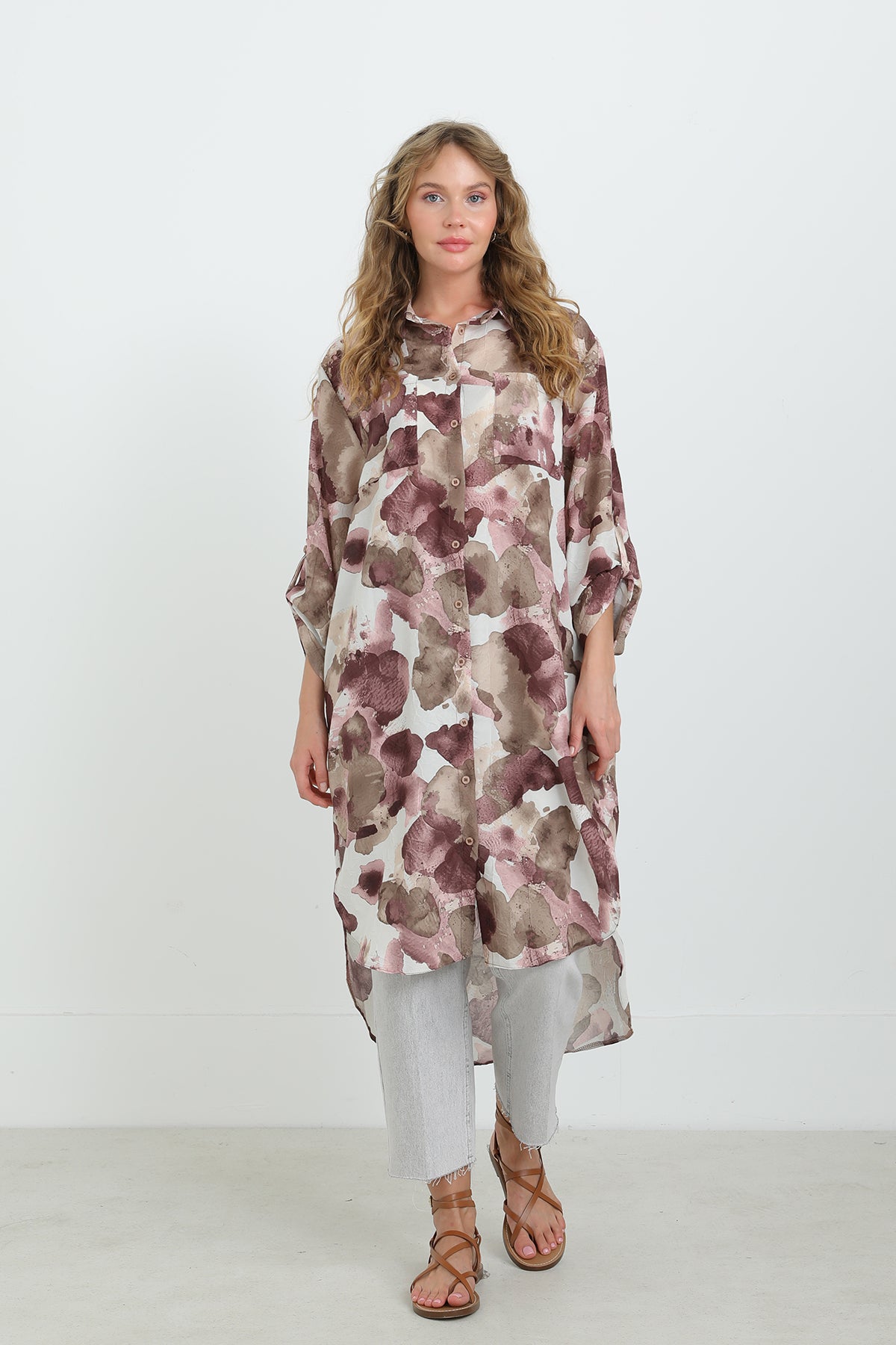 Kadın Desenli Oversize Gömlek -10702TUN ROSE