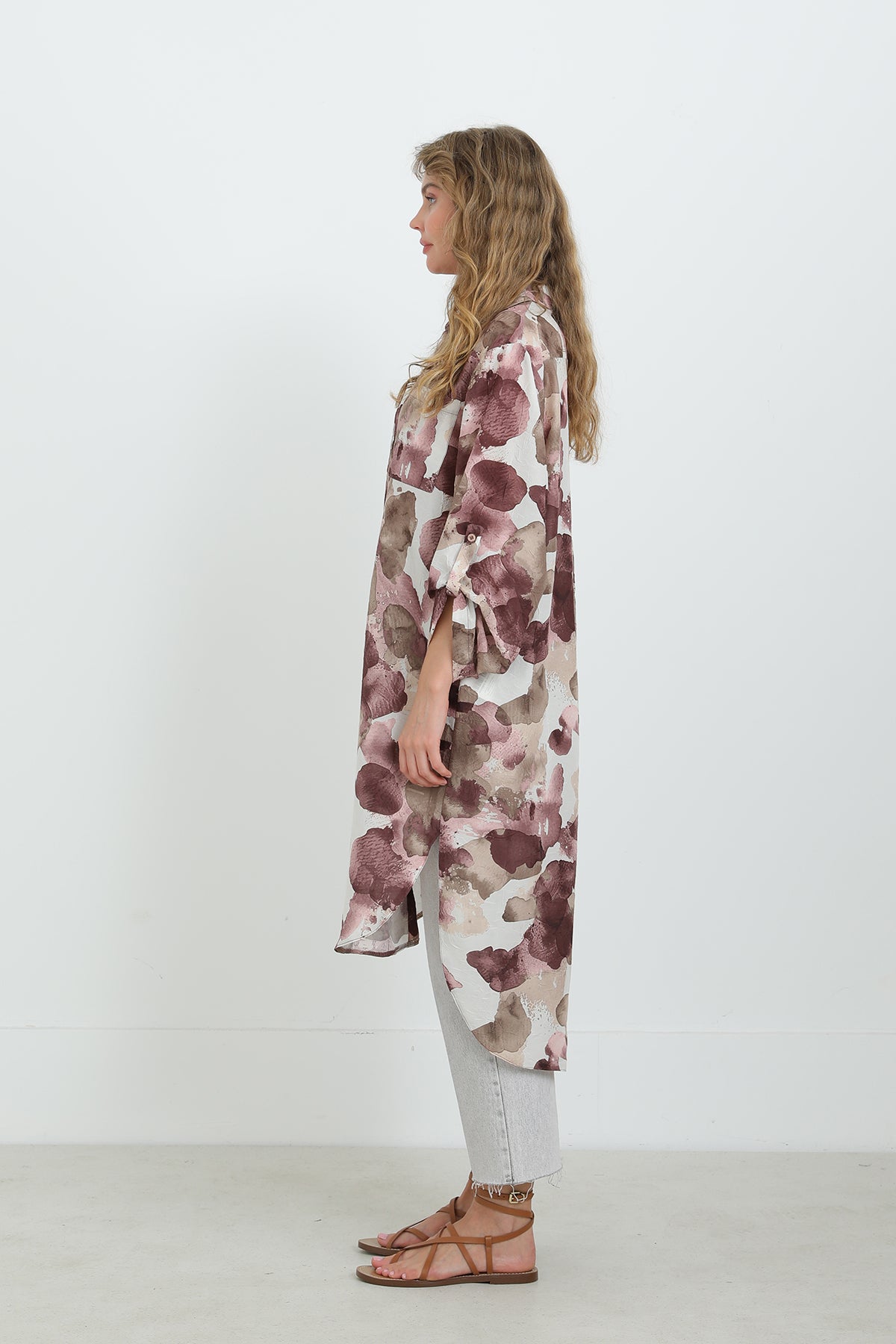 Kadın Desenli Oversize Gömlek -10702TUN ROSE