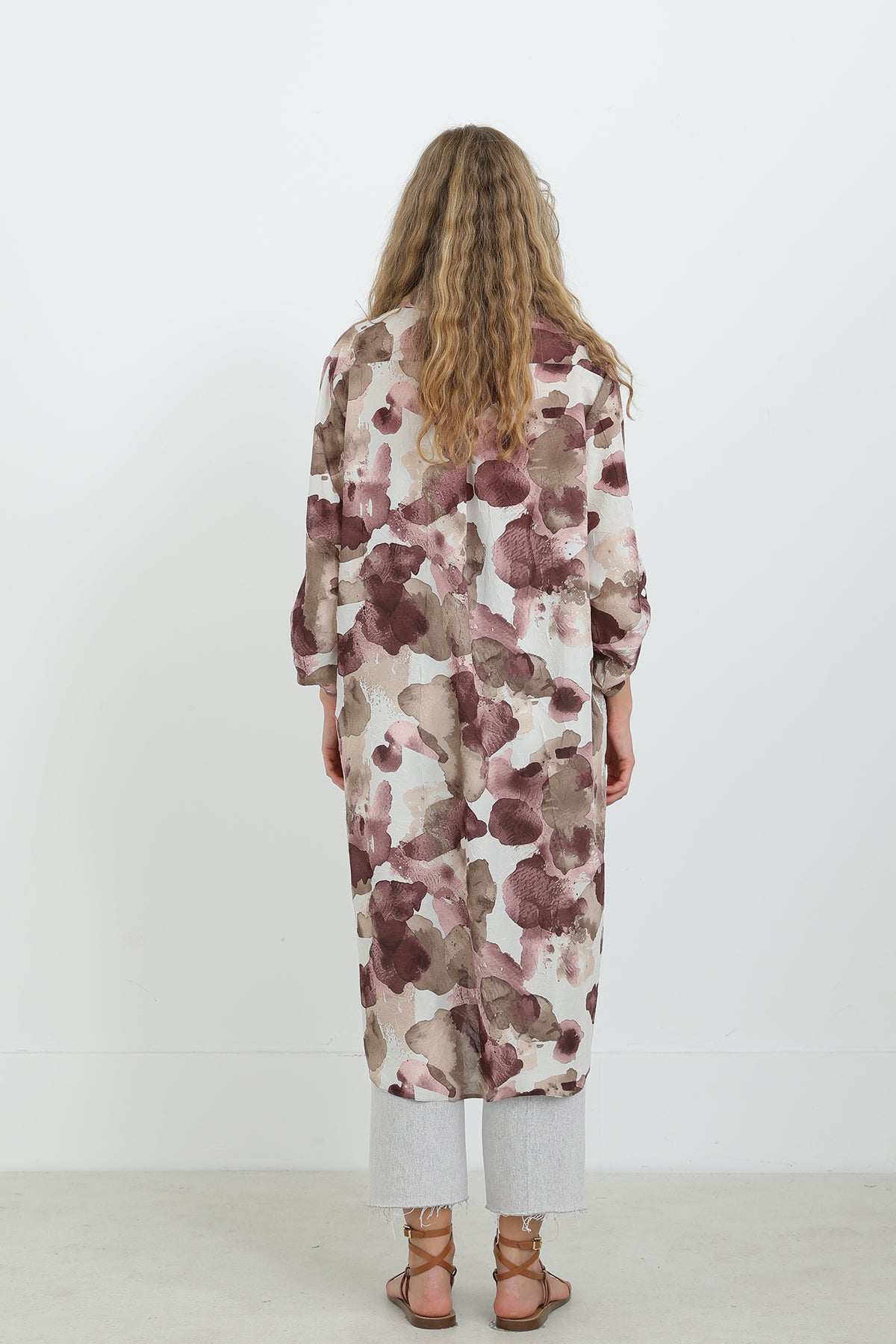 Kadın Desenli Oversize Gömlek -10702TUN ROSE