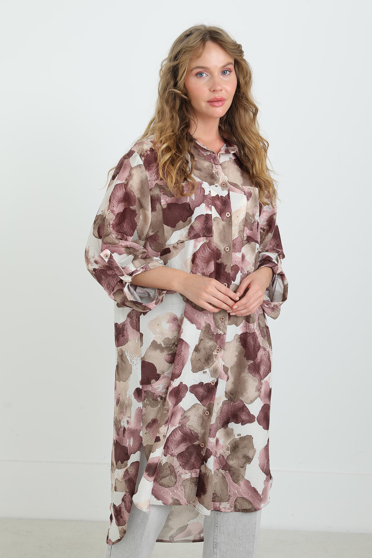 Kadın Desenli Oversize Gömlek -10702TUN ROSE