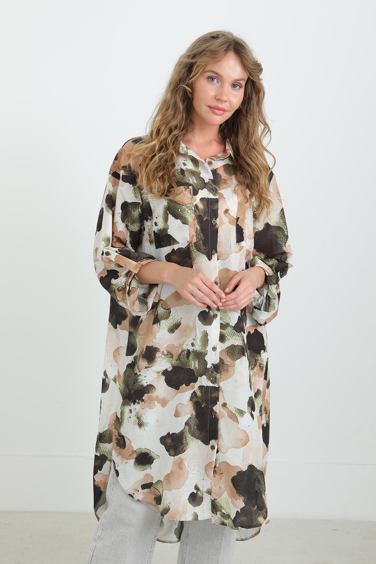 Kadın Desenli Oversize Gömlek -10702TUN KHAKI