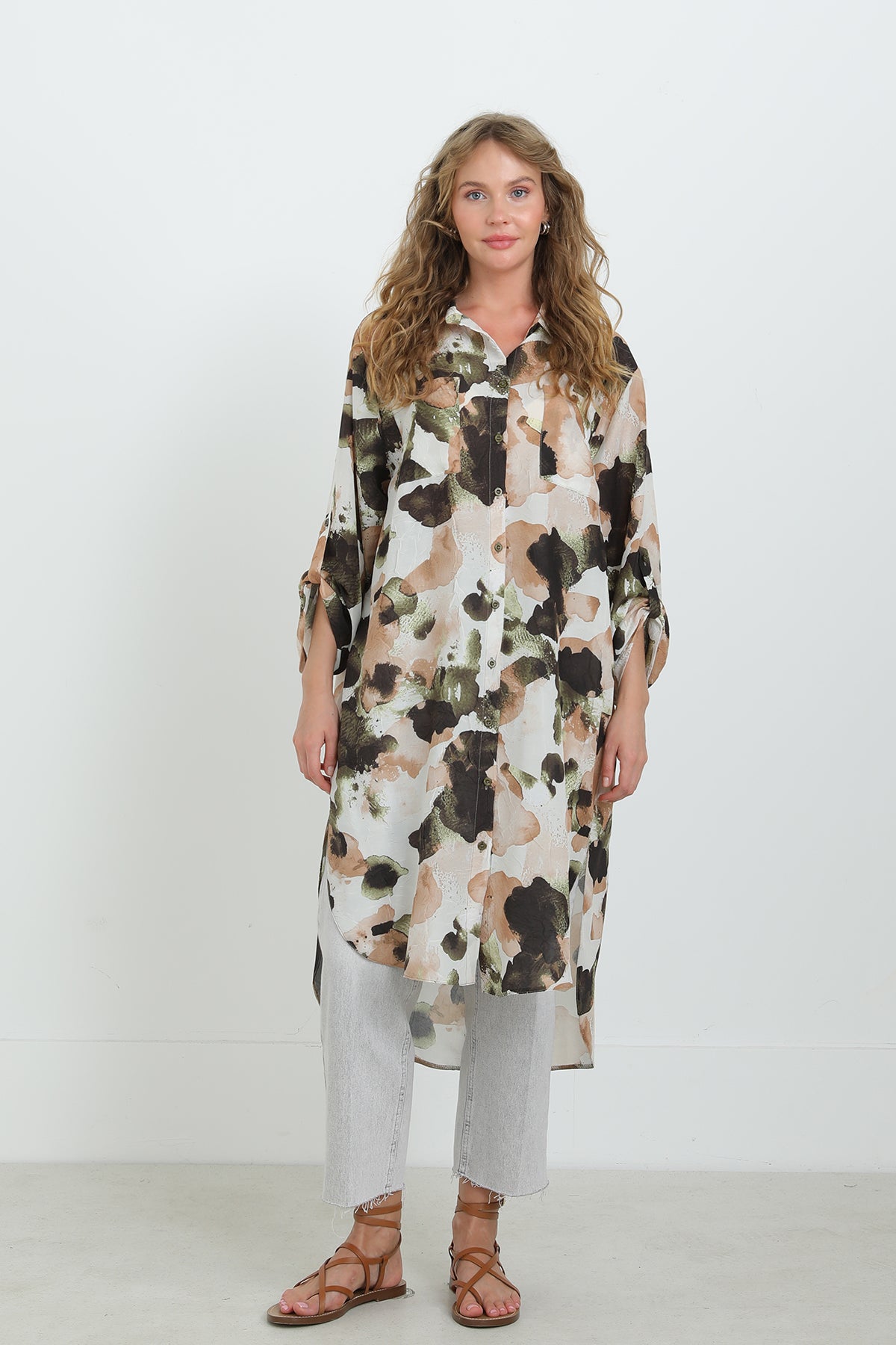 Kadın Desenli Oversize Gömlek -10702TUN KHAKI