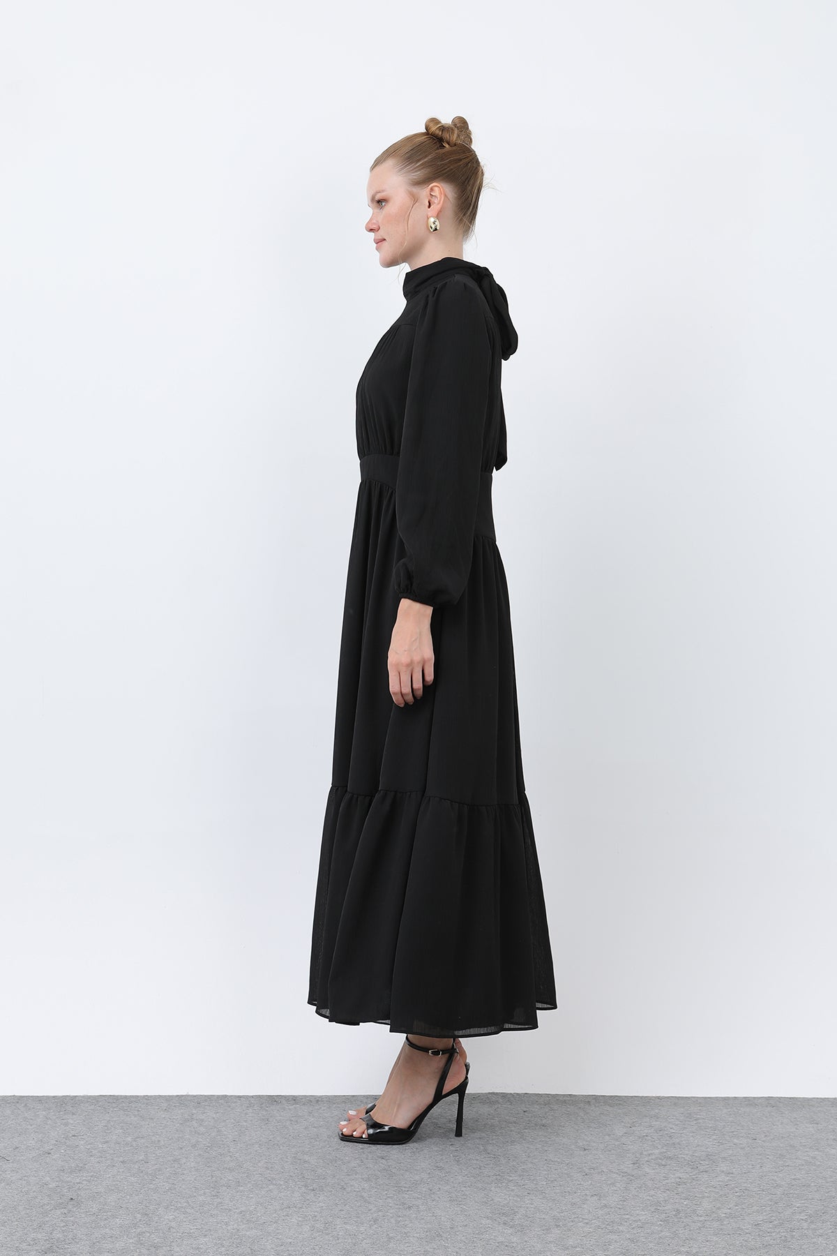Kadın Drape Detaylı Yüksek Yaka Elbise - 12613ELB BLACK