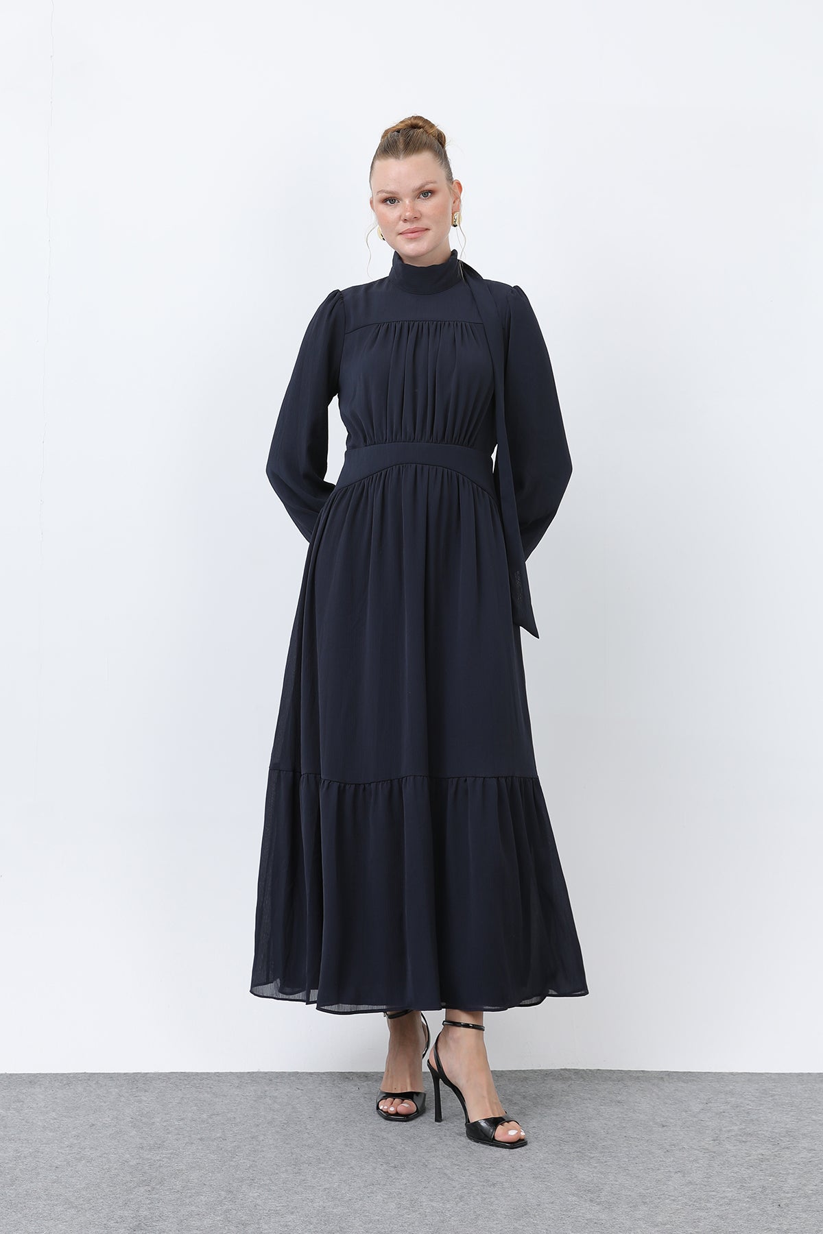 Kadın Drape Detaylı Yüksek Yaka Elbise - 12613ELB NAVY