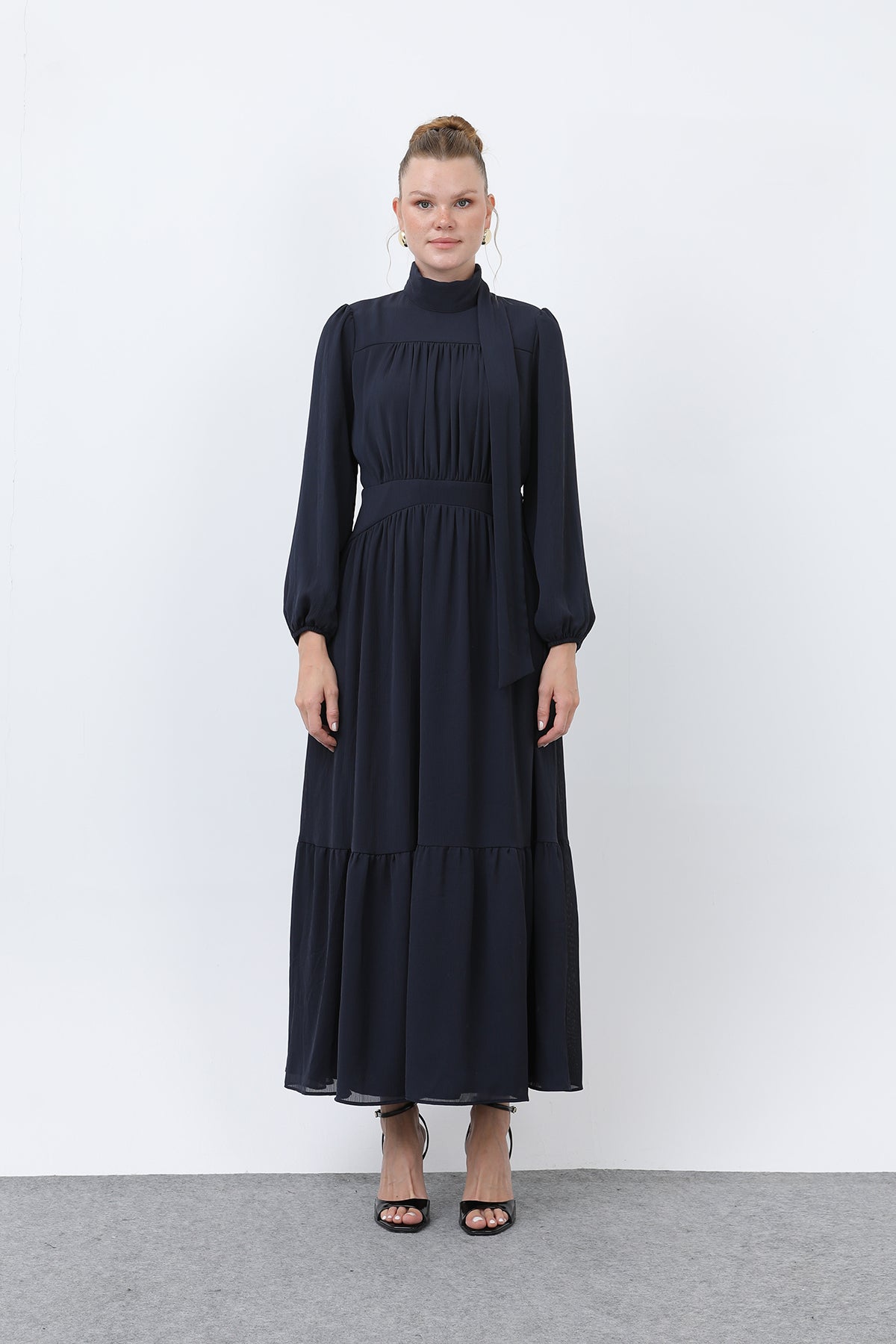 Kadın Drape Detaylı Yüksek Yaka Elbise - 12613ELB NAVY