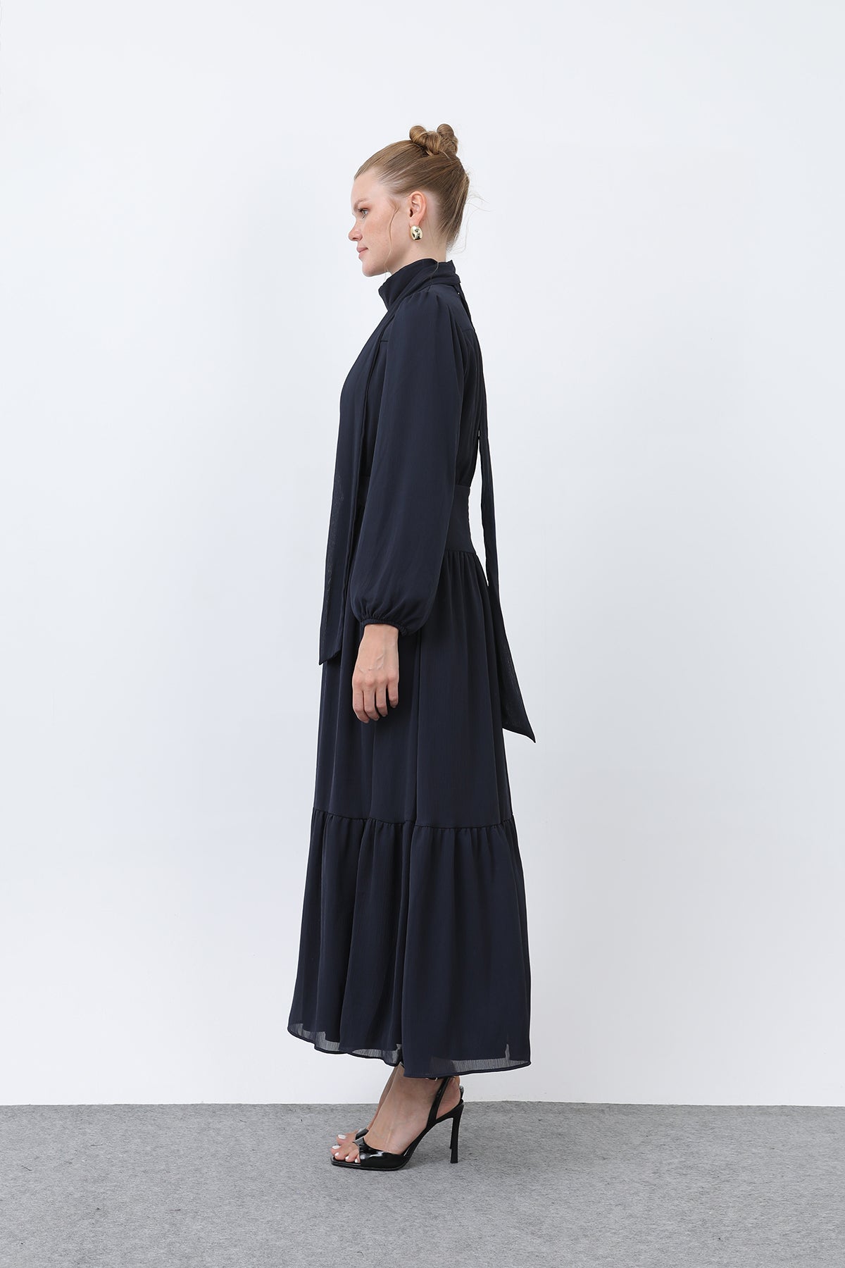 Kadın Drape Detaylı Yüksek Yaka Elbise - 12613ELB NAVY