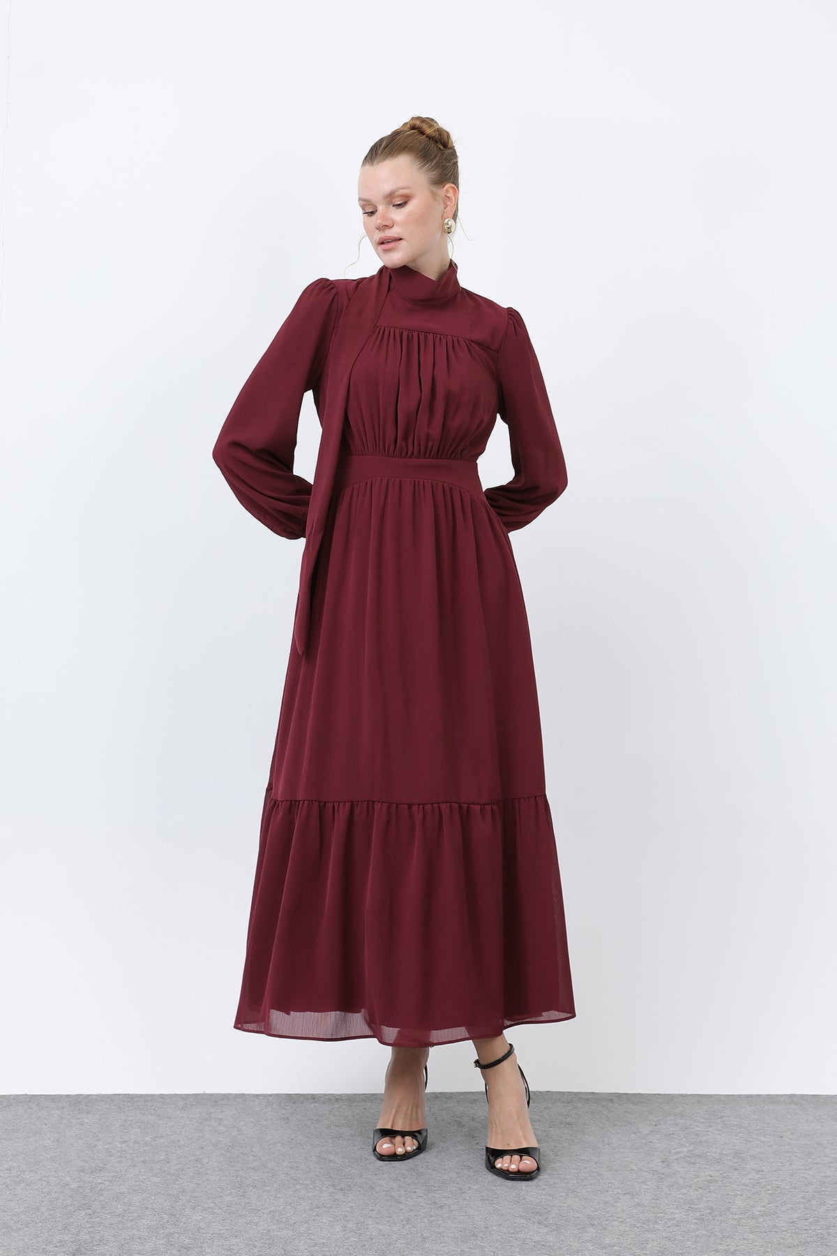 Kadın Drape Detaylı Yüksek Yaka Elbise - 12613ELB BURGUNDY