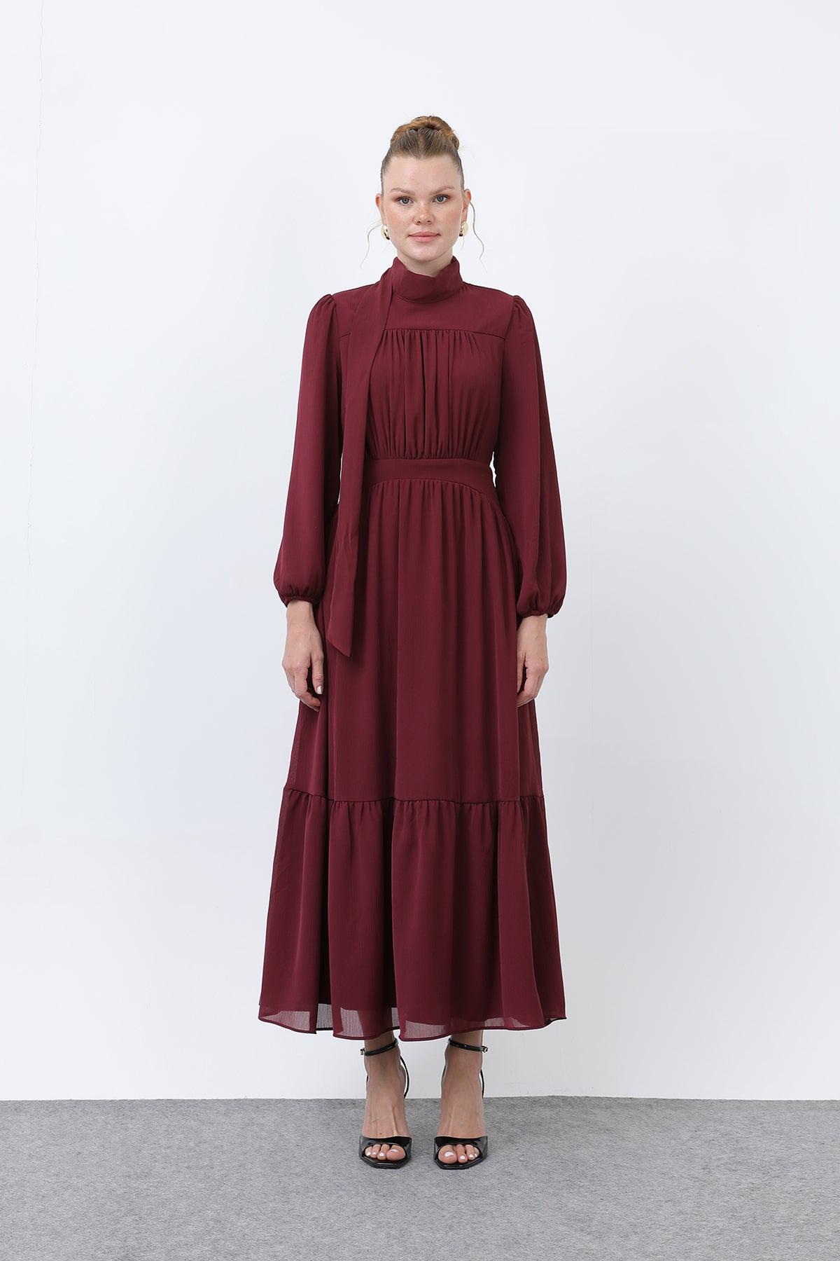Kadın Drape Detaylı Yüksek Yaka Elbise - 12613ELB BURGUNDY