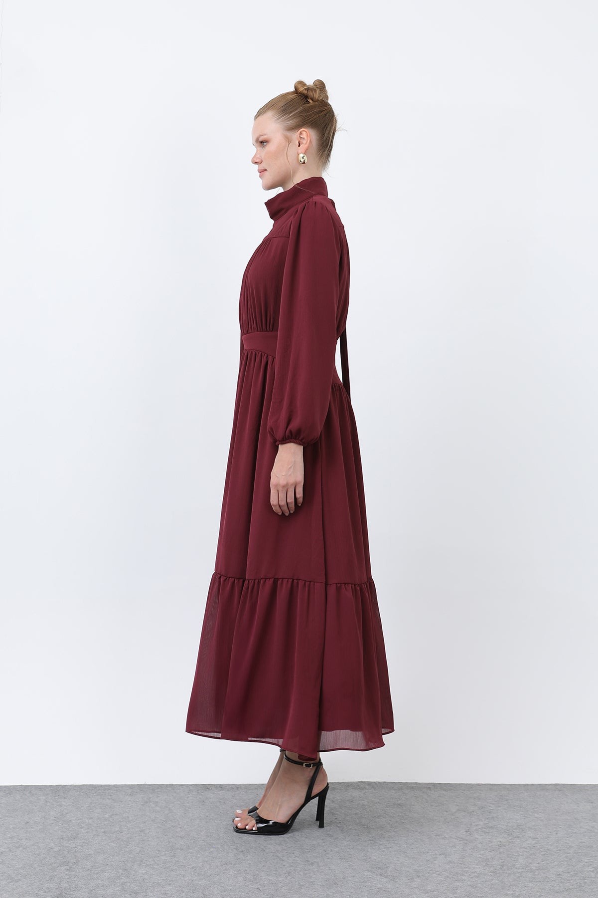 Kadın Drape Detaylı Yüksek Yaka Elbise - 12613ELB BURGUNDY