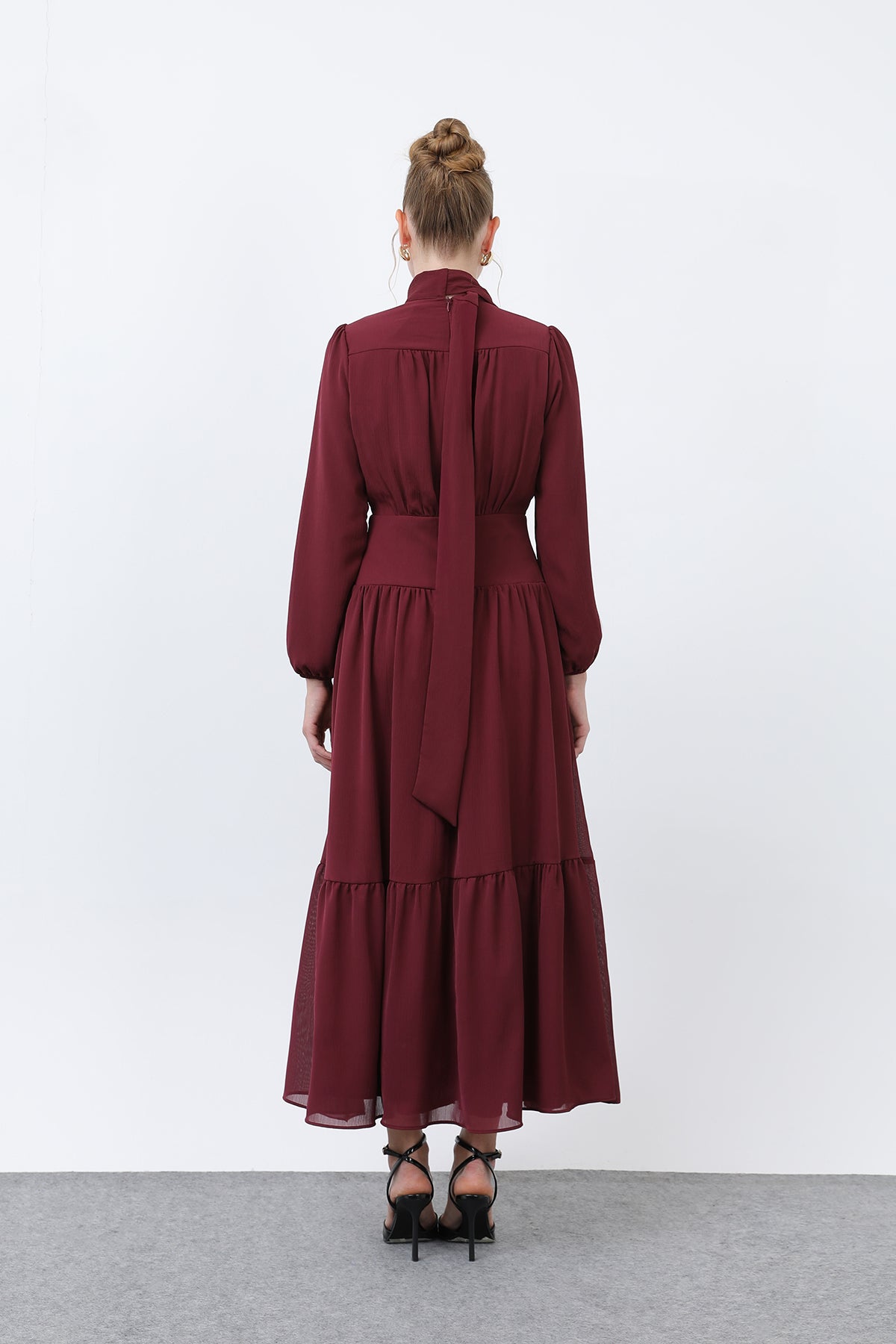 Kadın Drape Detaylı Yüksek Yaka Elbise - 12613ELB BURGUNDY