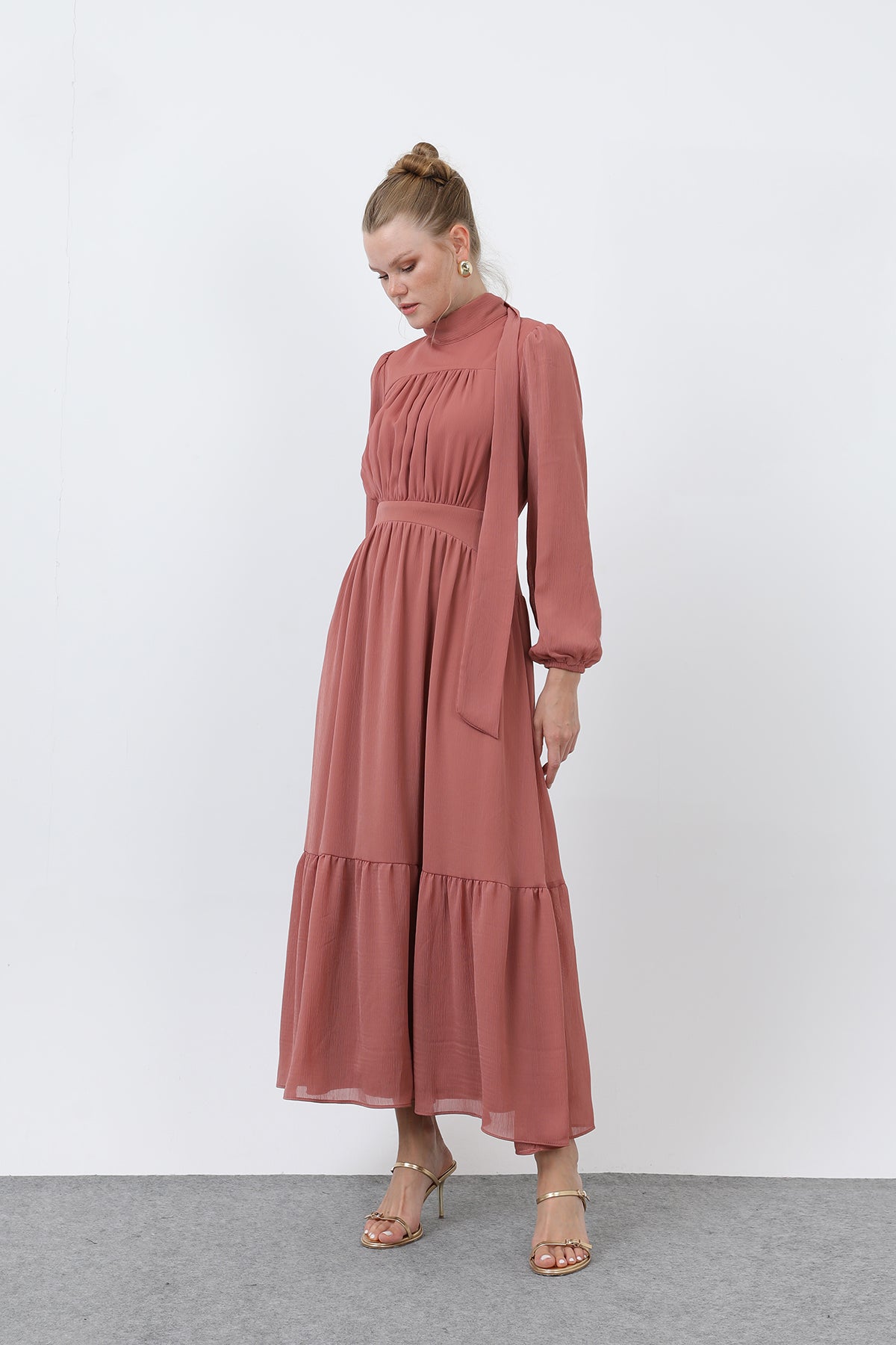Kadın Drape Detaylı Yüksek Yaka Elbise - 12613ELB ROSE