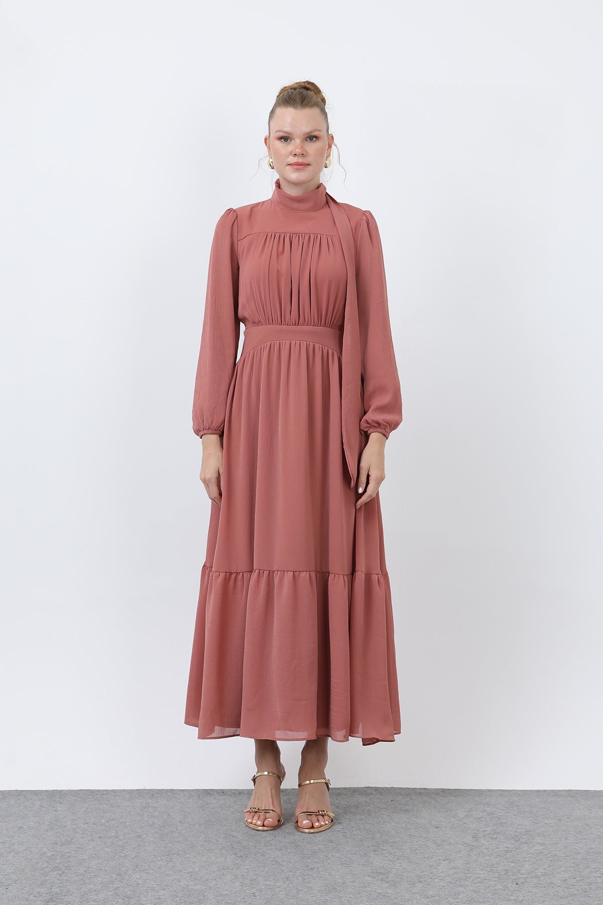 Kadın Drape Detaylı Yüksek Yaka Elbise - 12613ELB ROSE