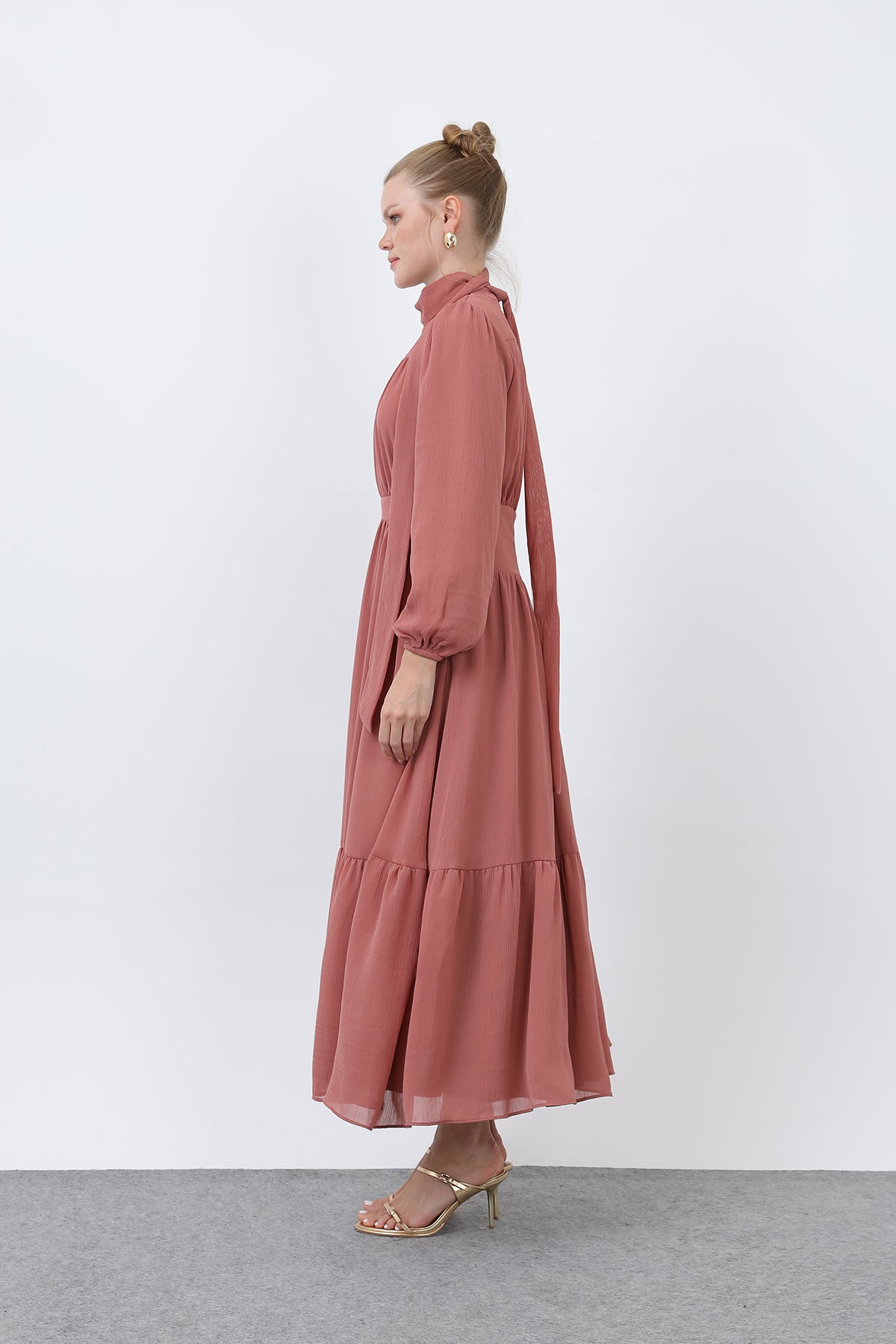 Kadın Drape Detaylı Yüksek Yaka Elbise - 12613ELB ROSE