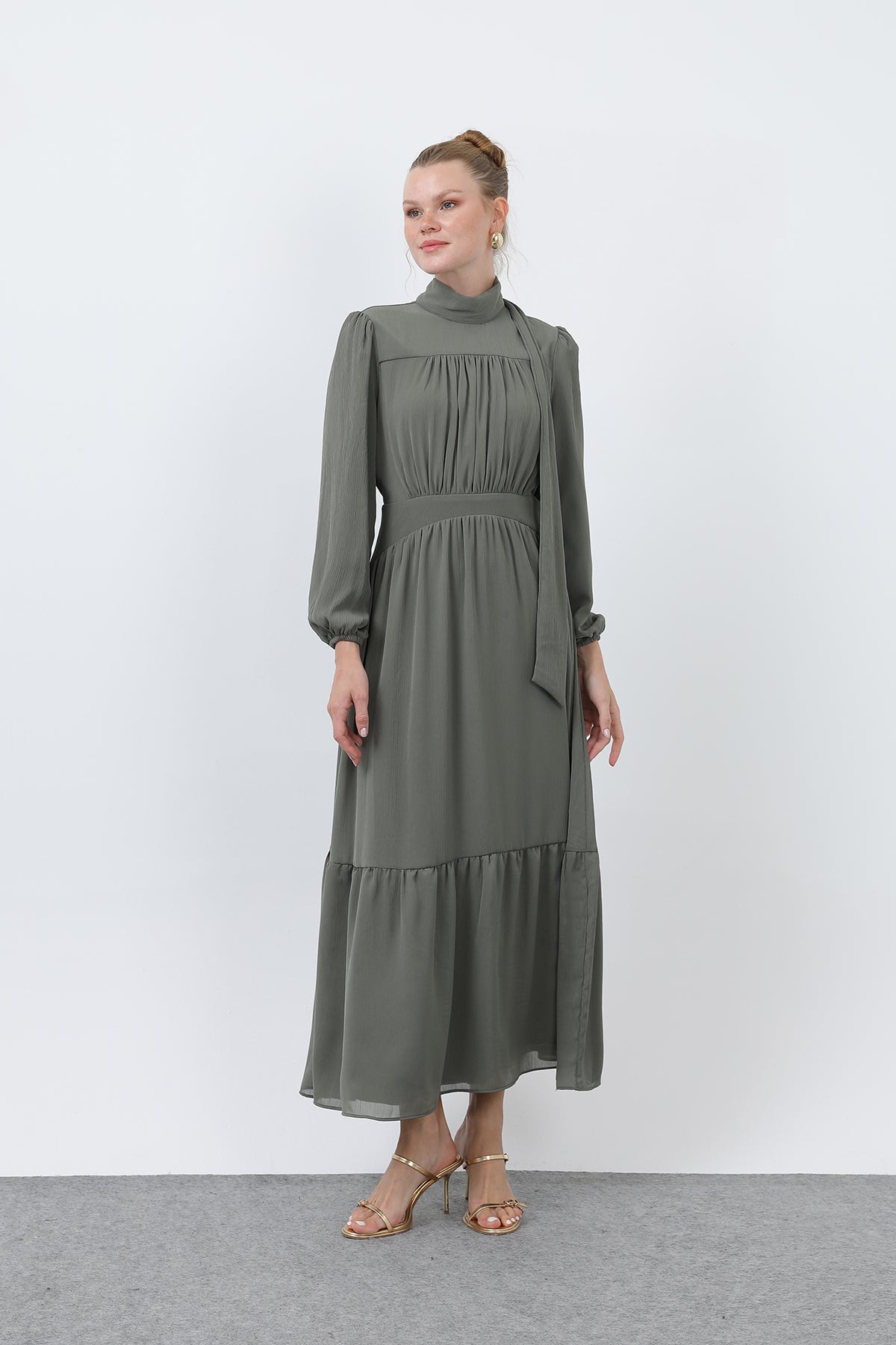 Kadın Drape Detaylı Yüksek Yaka Elbise - 12613ELB KHAKI