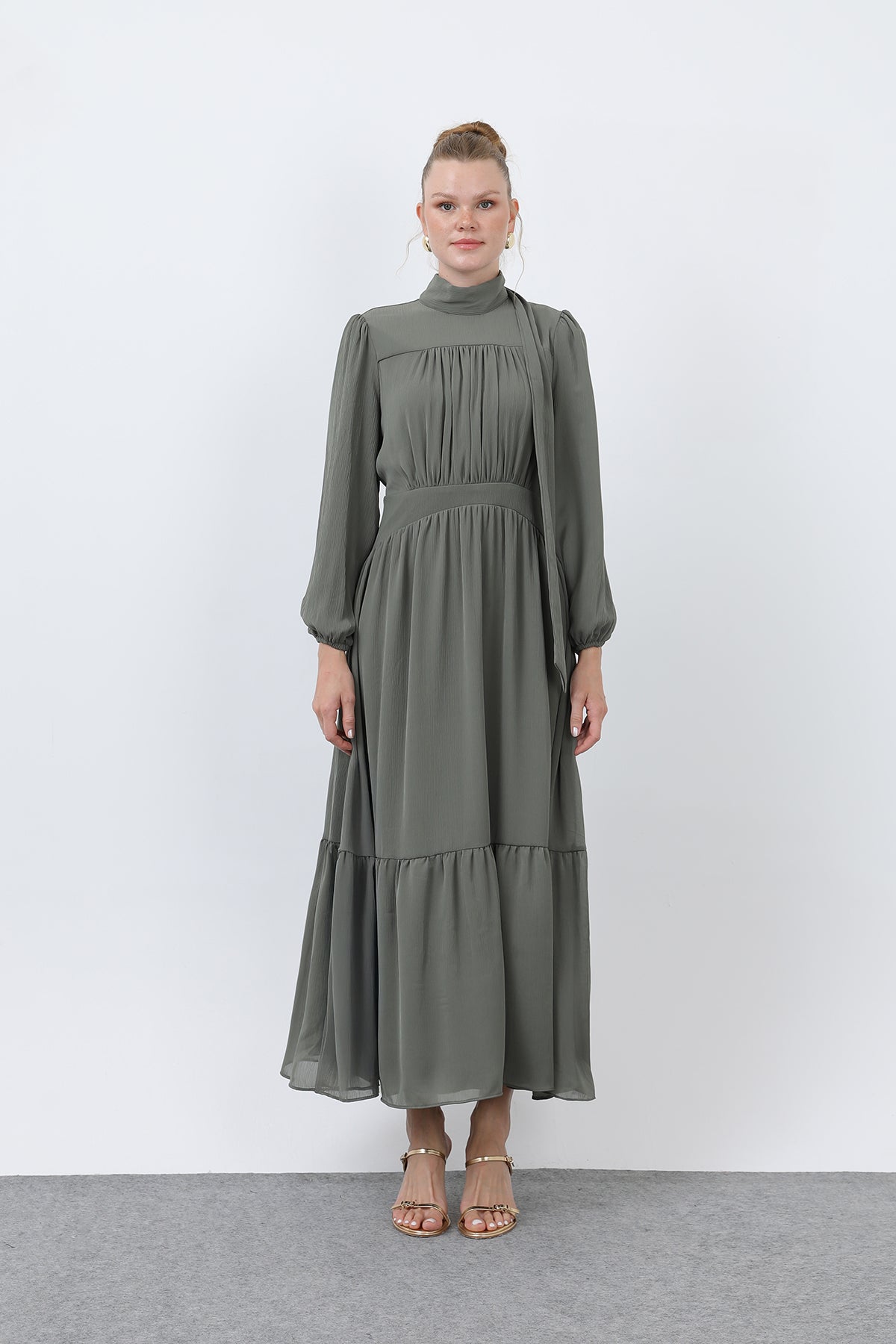 Kadın Drape Detaylı Yüksek Yaka Elbise - 12613ELB KHAKI
