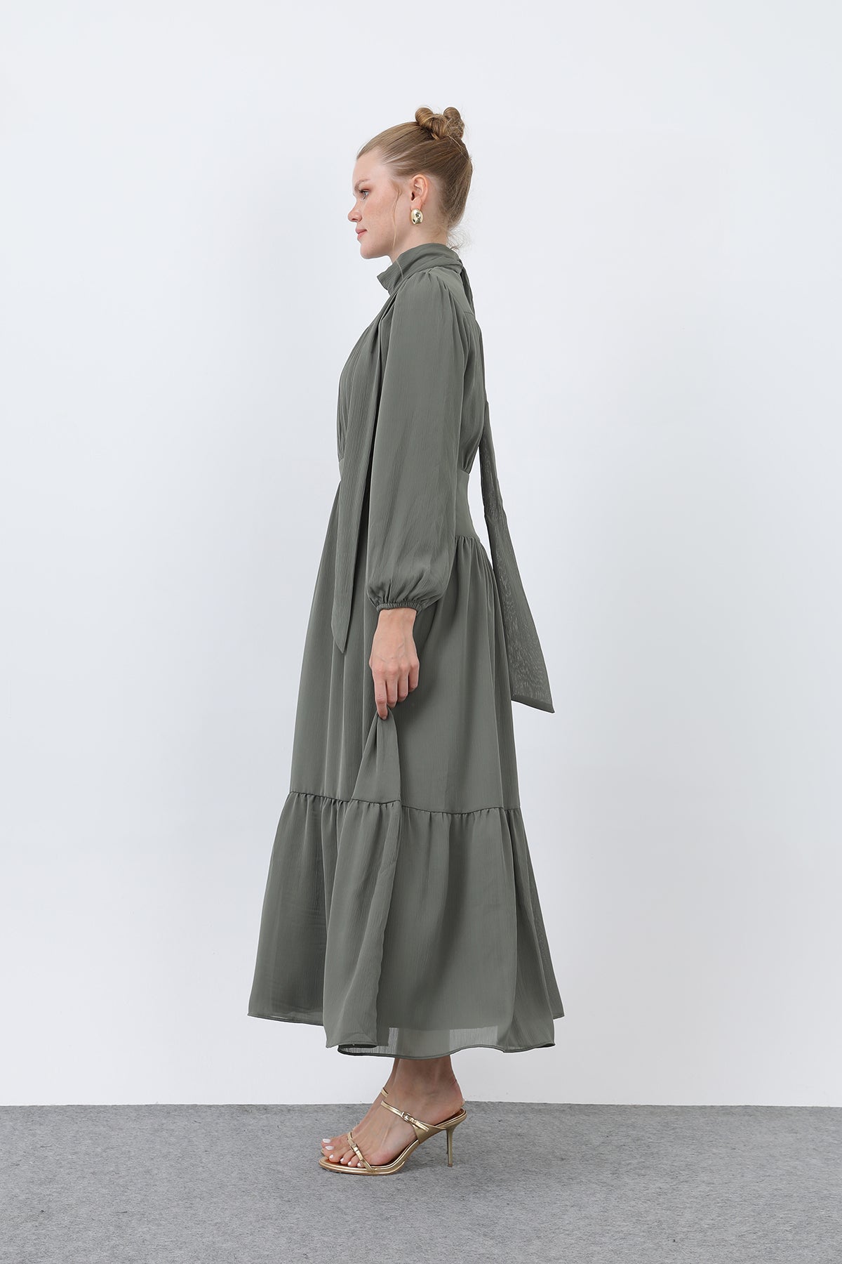 Kadın Drape Detaylı Yüksek Yaka Elbise - 12613ELB KHAKI