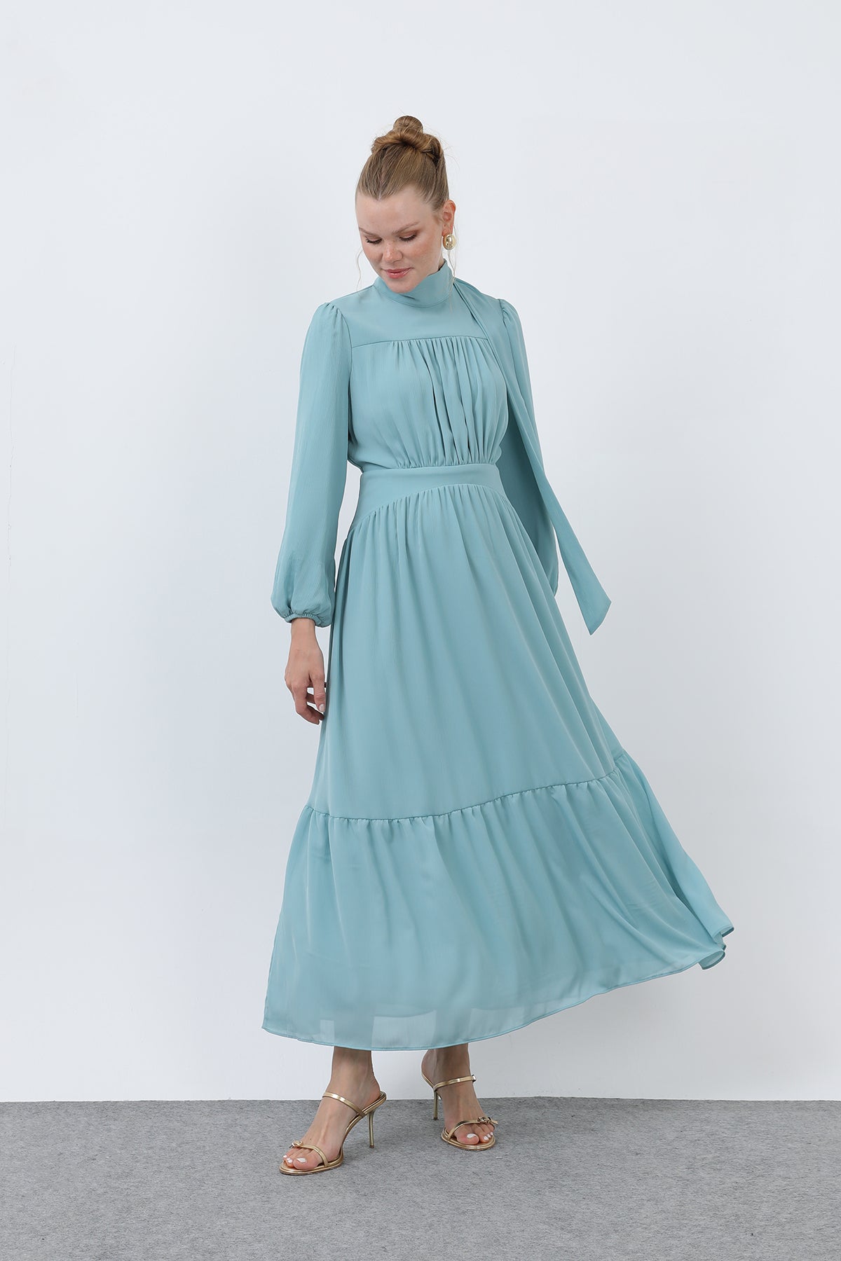 Kadın Drape Detaylı Yüksek Yaka Elbise - 12613ELB MINT