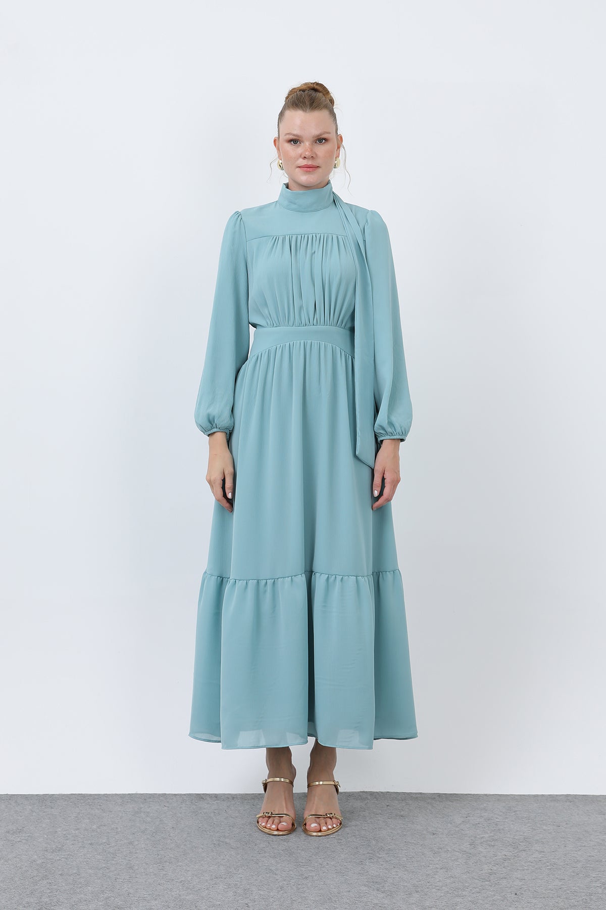 Kadın Drape Detaylı Yüksek Yaka Elbise - 12613ELB MINT