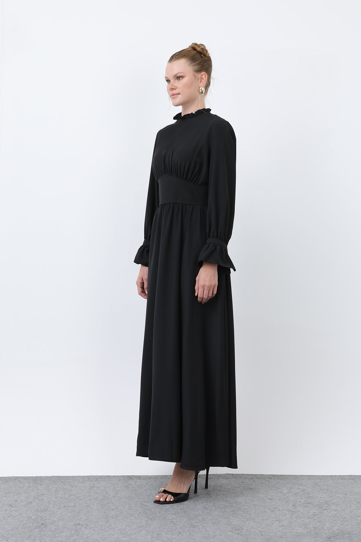 Kadın Beli Korsajlı Yakasıl Detaylı Elbise -12614ELB BLACK